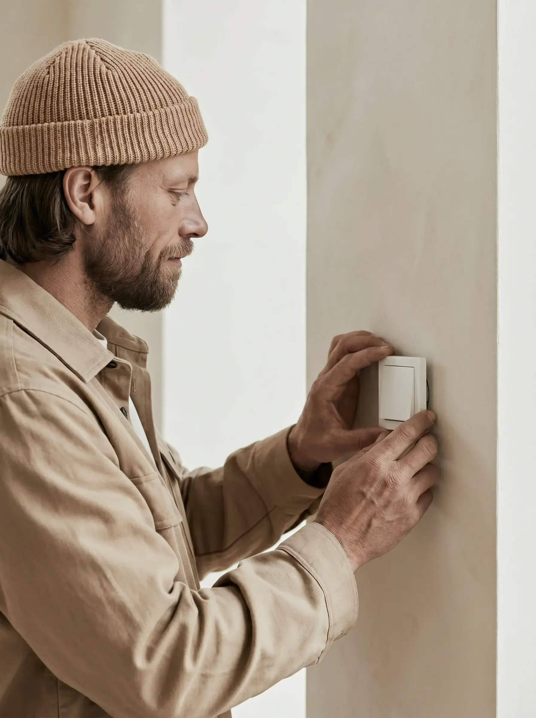 Homme au bonnet beige posant un interrupteur blanc sur un mur clair
