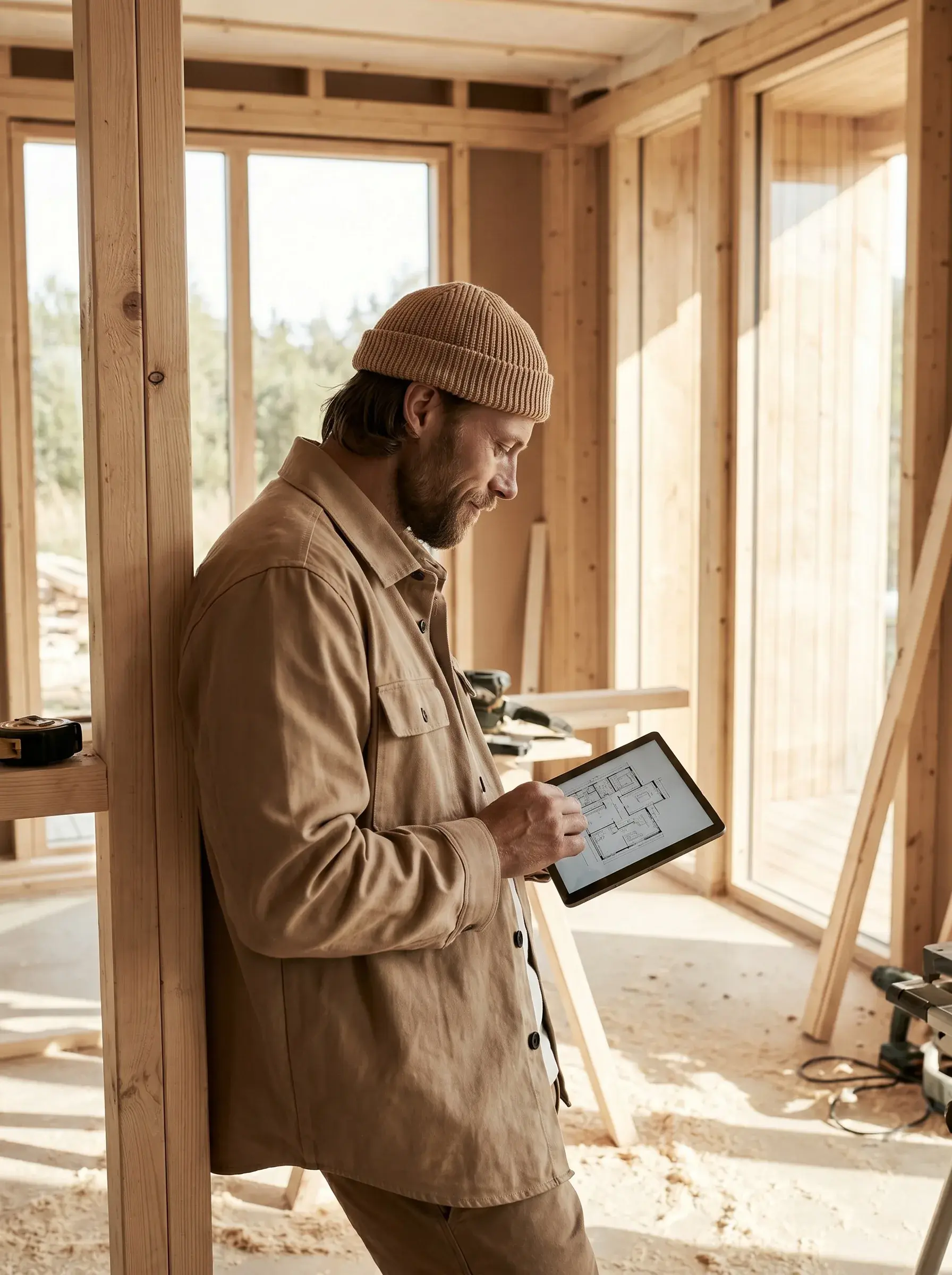 Homme au bonnet consultant un plan sur une tablette dans une maison à ossature bois en construction
