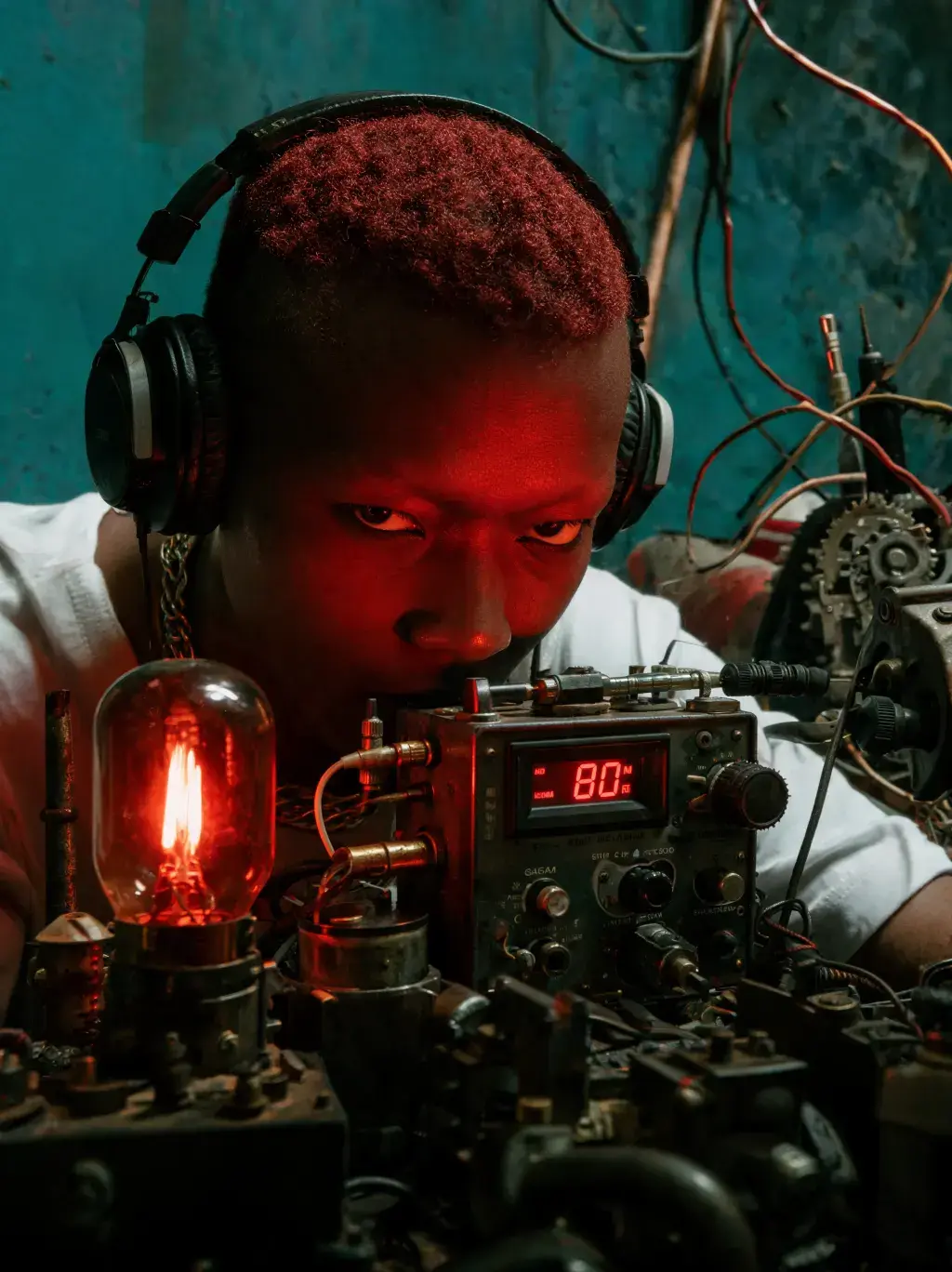Homme aux cheveux rouges avec casque audio examinant un appareil électronique avec ampoule rouge