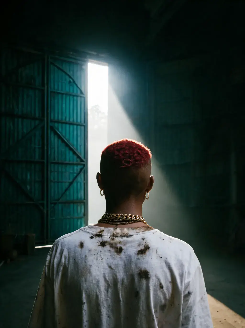 Homme aux cheveux rouges de dos face à un rayon de lumière dans une halle industrielle