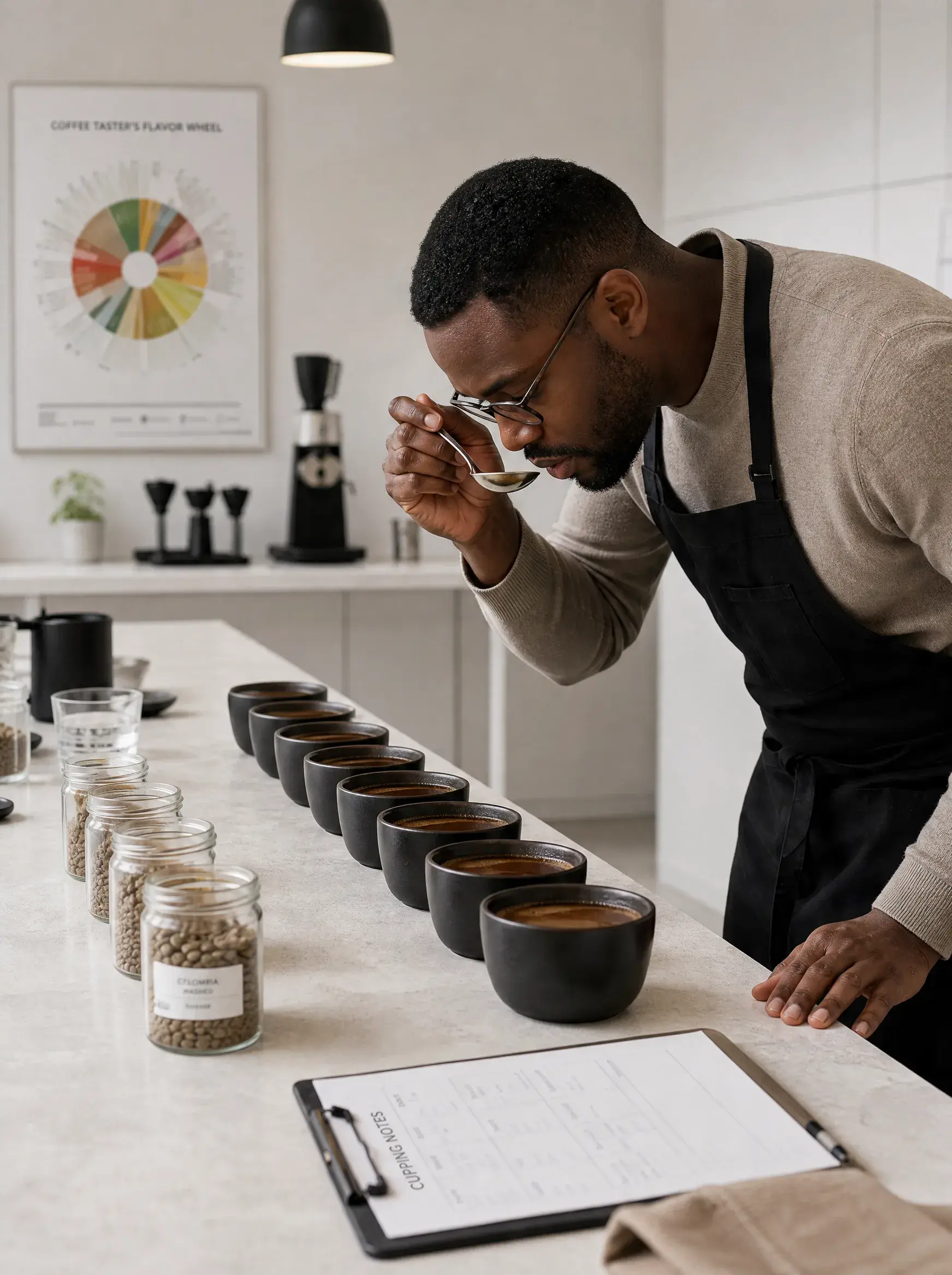 Homme barista dégustant café à la cuillère – tablier, rangée tasses, lunettes, affiche roue des arômes