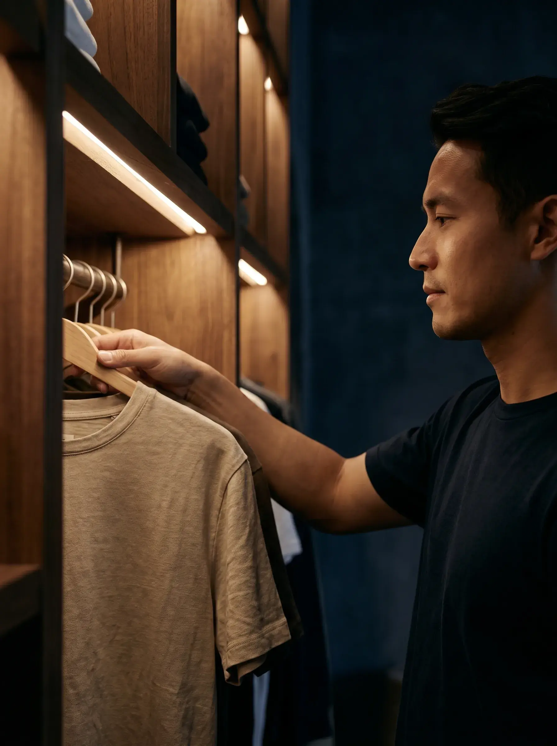 Homme choisissant un t-shirt dans un dressing aux niches en bois rétroéclairées