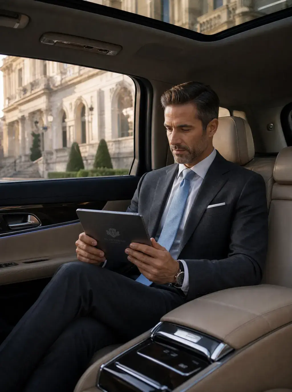 Homme d'affaires en costume consultant sa tablette sur la banquette d'une voiture de luxe face à un palais