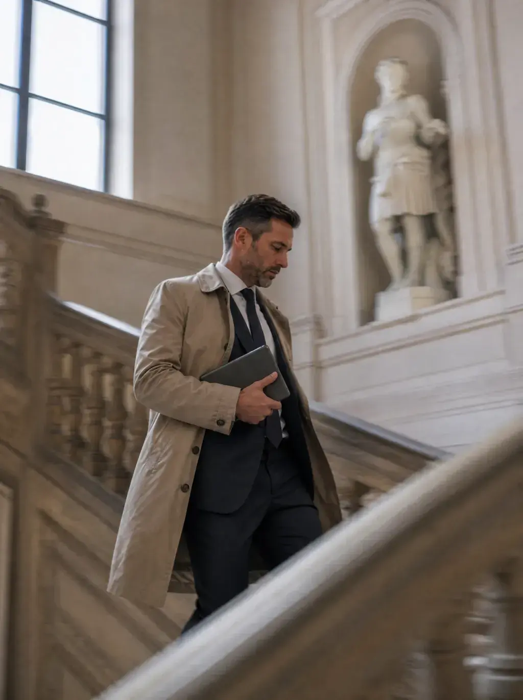 Homme d'affaires en trench beige descendant un grand escalier historique en pierre avec statues