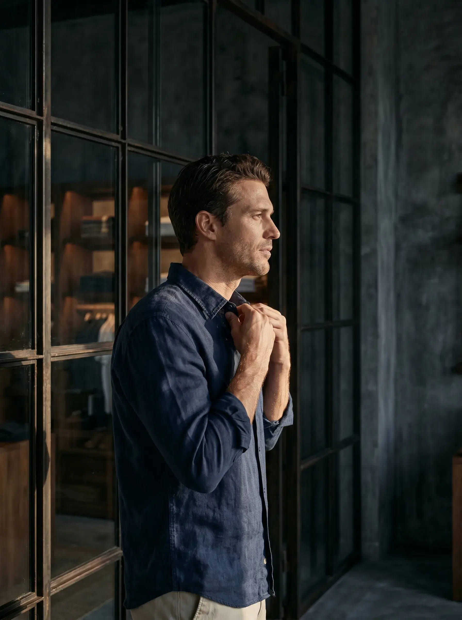 Homme de profil en chemise en lin marine pensif dans une boutique design
