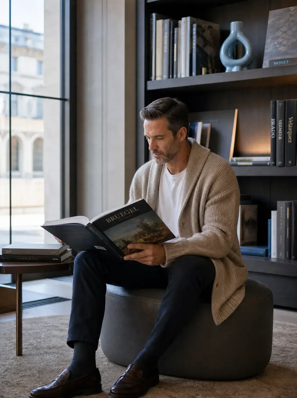 Homme élégant lisant un livre d'art assis sur un pouf devant une bibliothèque sombre et une baie vitrée
