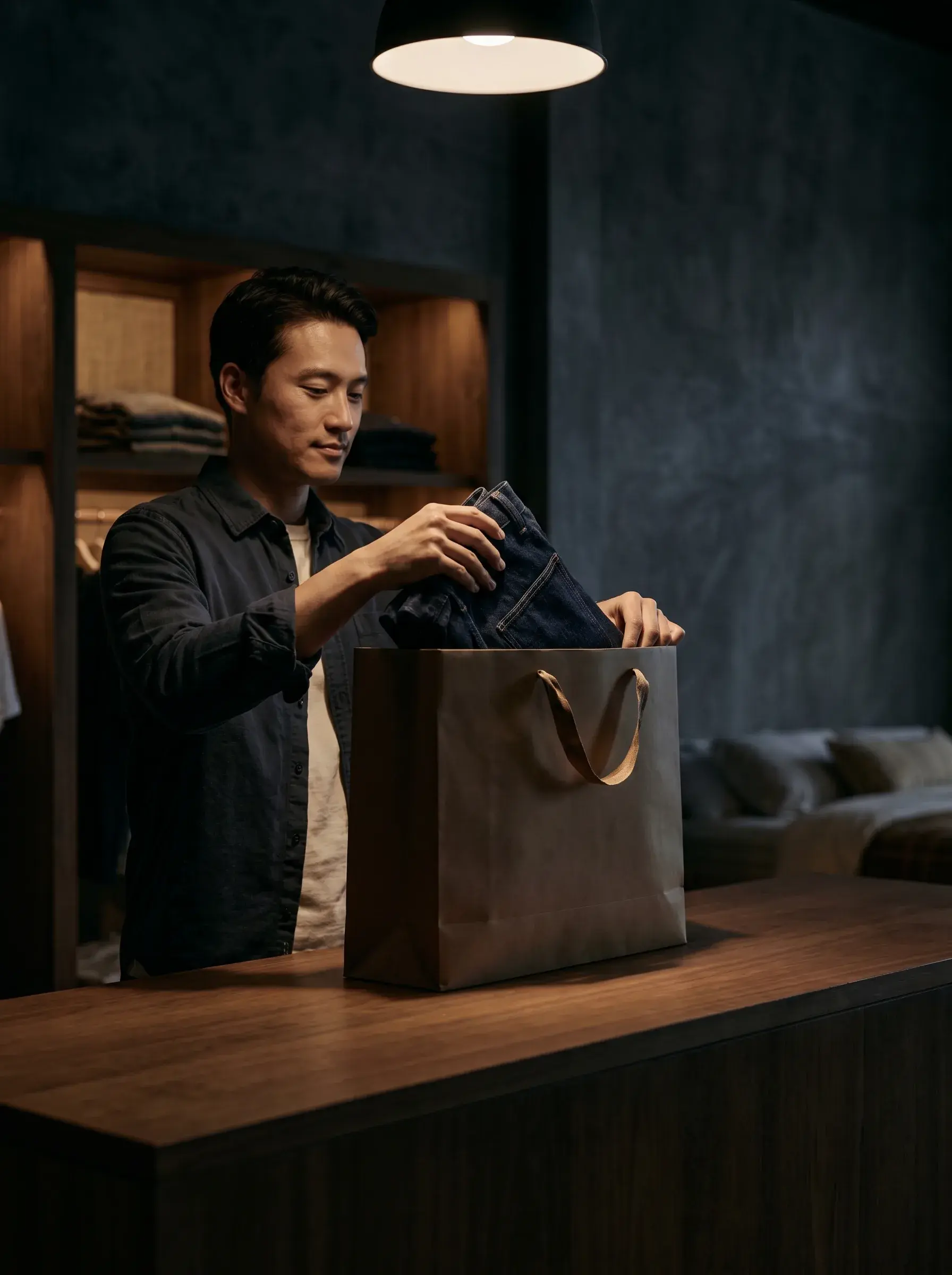 Homme emballant des articles dans un sac kraft au comptoir d'une boutique design sombre