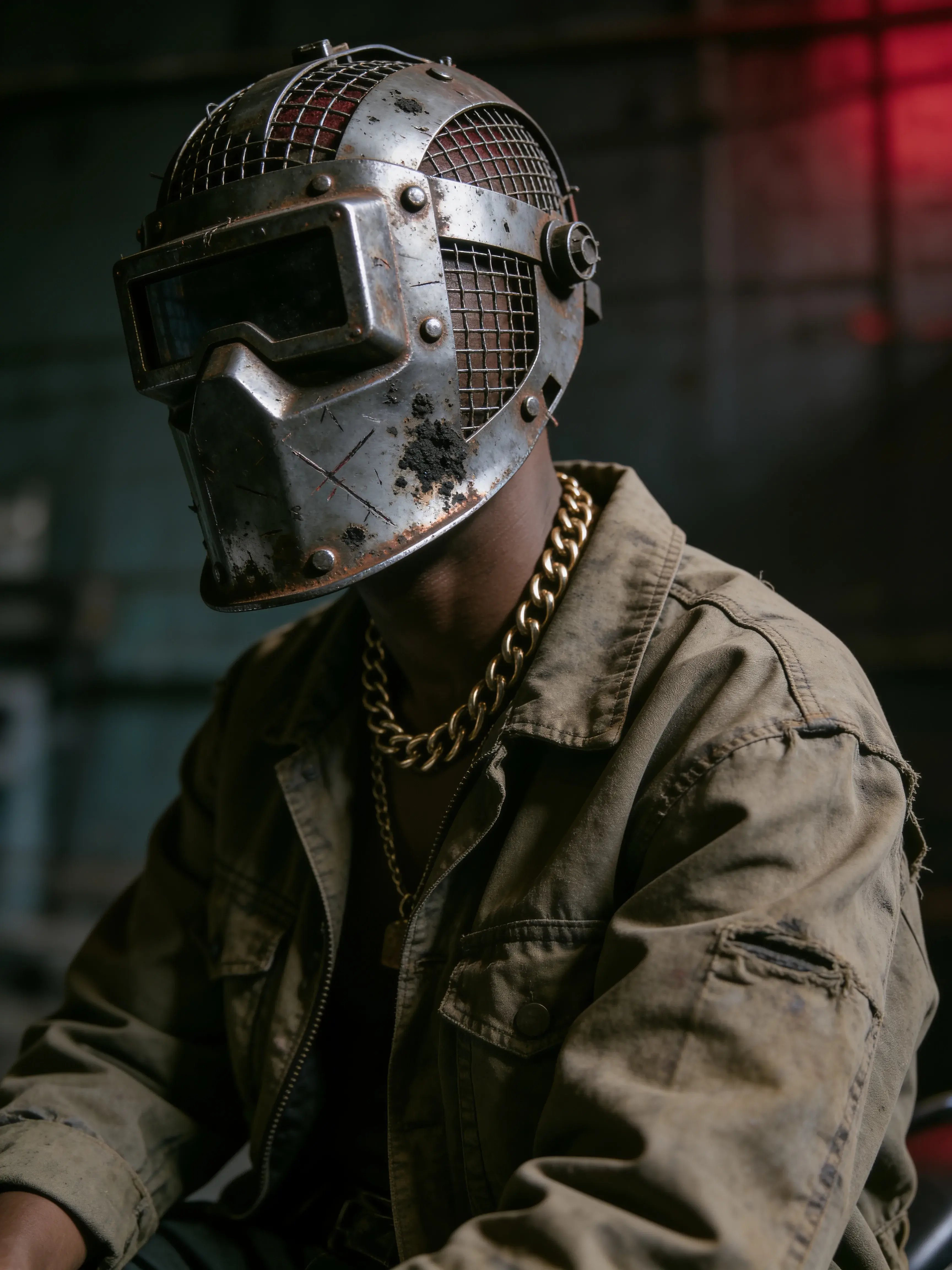 Homme en casque métallique post-apocalyptique grillagé et chaîne dorée dans un décor industriel
