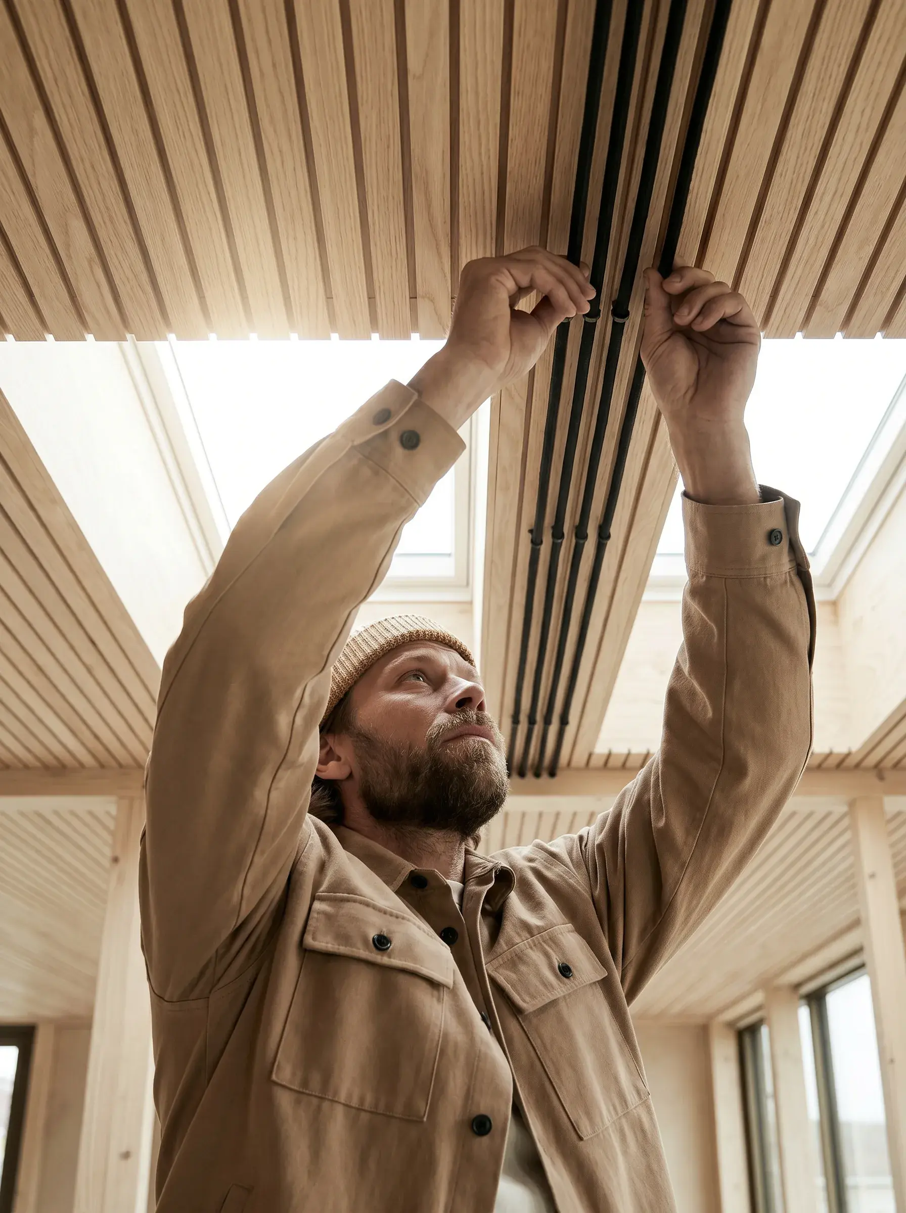 Homme en chemise beige installant un plafond en bois à lattes dans un intérieur scandinave lumineux