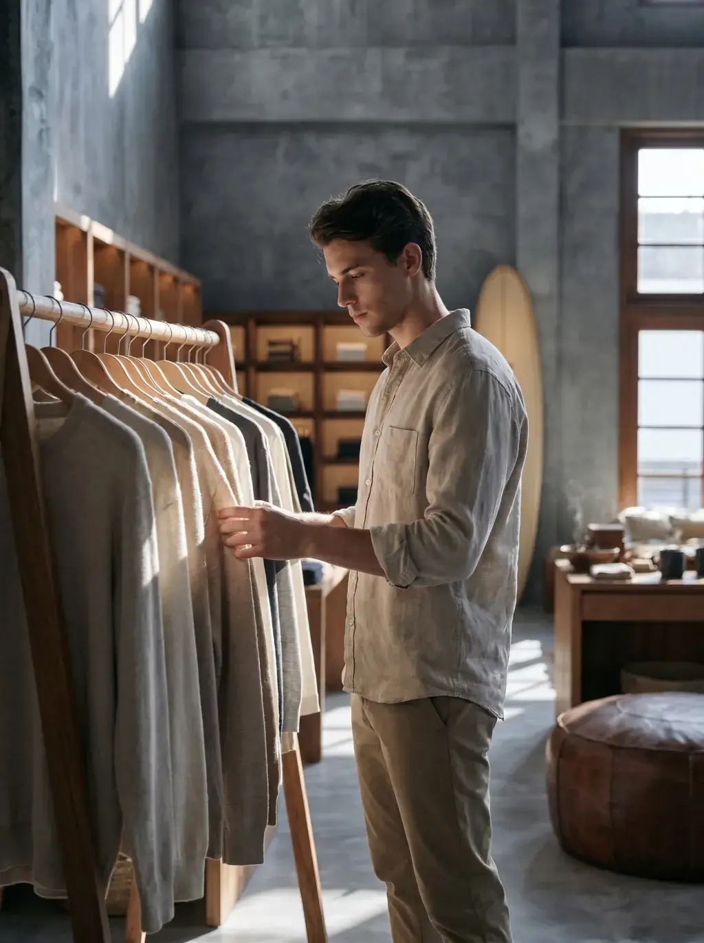 Homme en chemise lin parcourant un portant de vêtements – boutique surf lifestyle béton et bois
