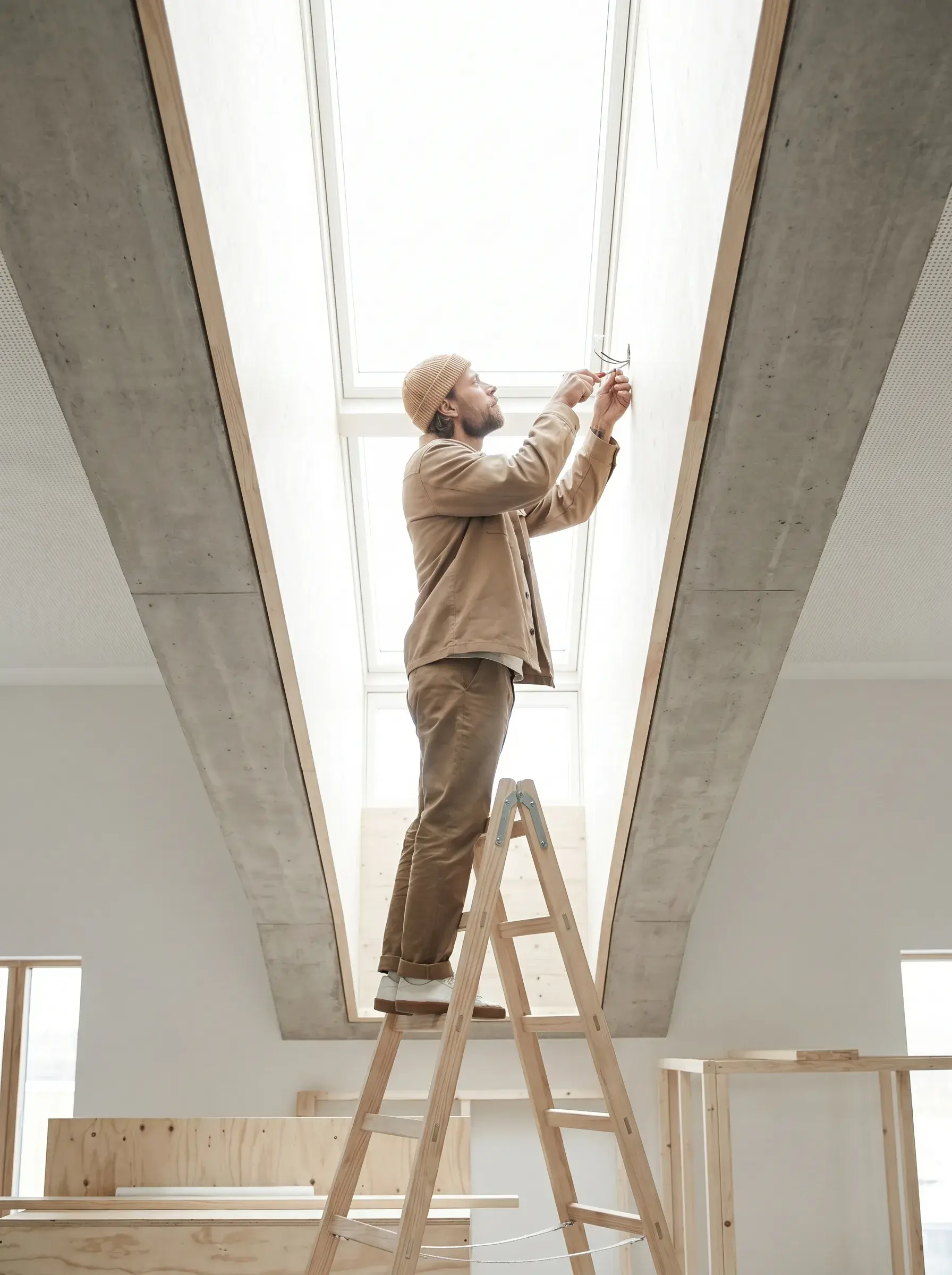 Homme en hauteur sur un escabeau installant un luminaire dans un puits de lumière en béton
