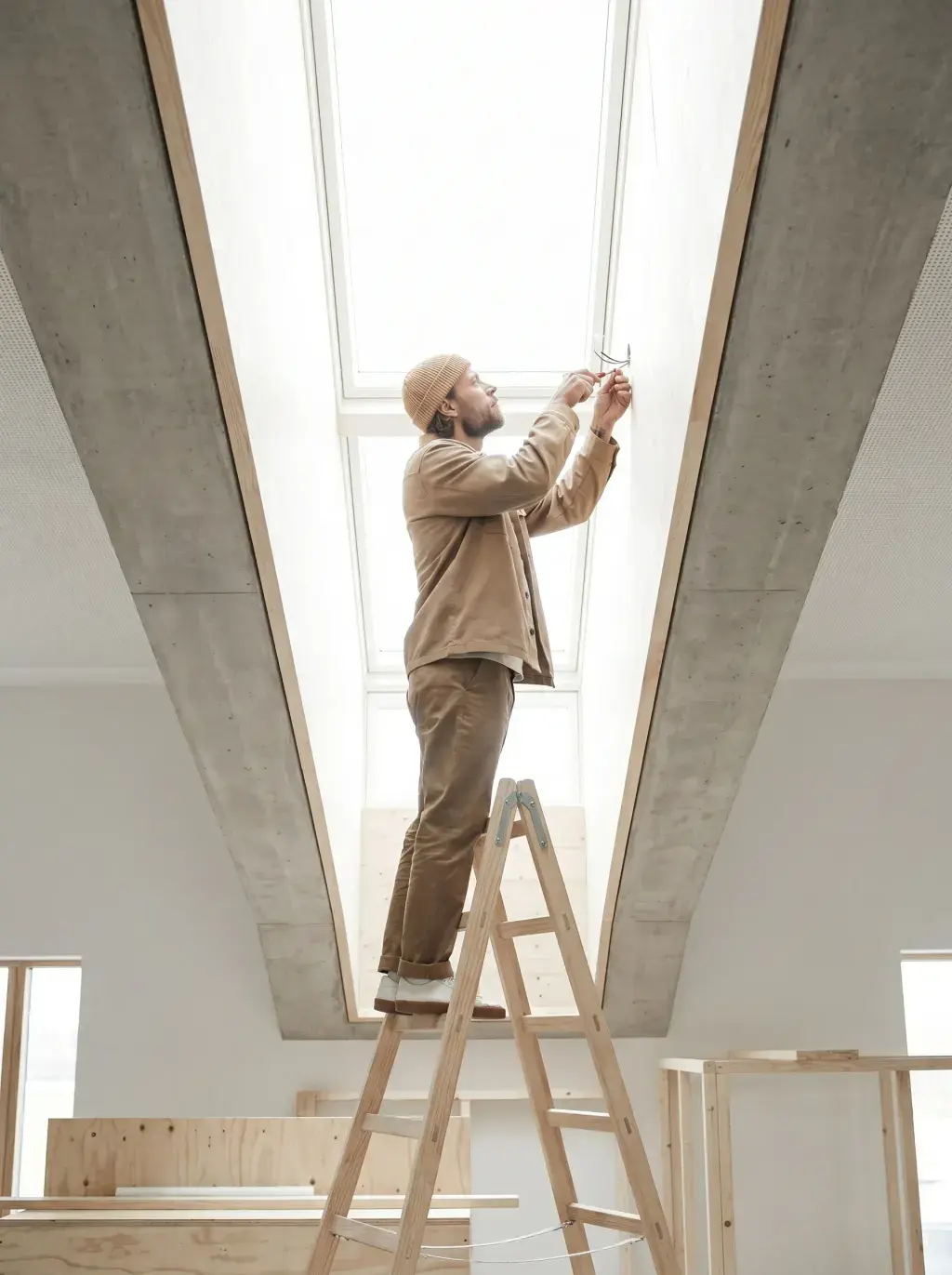 Homme en hauteur sur un escabeau installant un luminaire dans un puits de lumière en béton