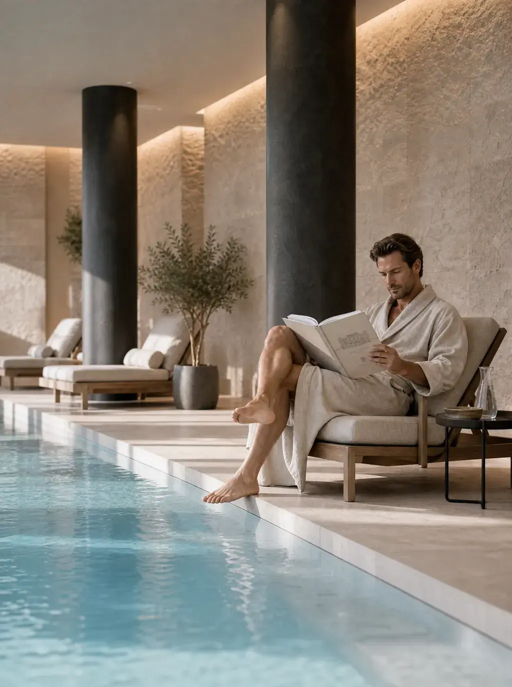 Homme en peignoir blanc lisant au bord d'une piscine intérieure de spa de prestige avec colonnes sombres