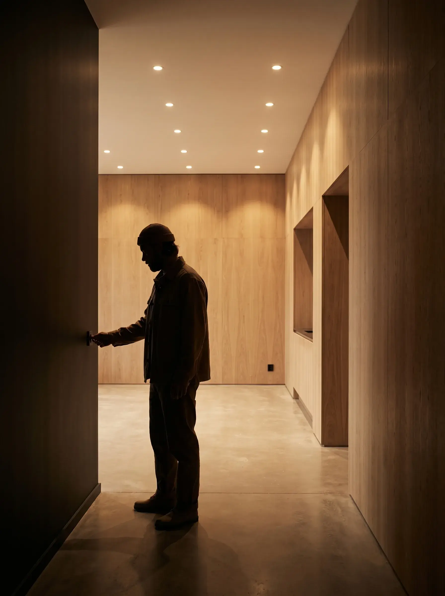 Homme en silhouette ouvrant une porte au bout d'un couloir lambrissé baigné de lumière douce