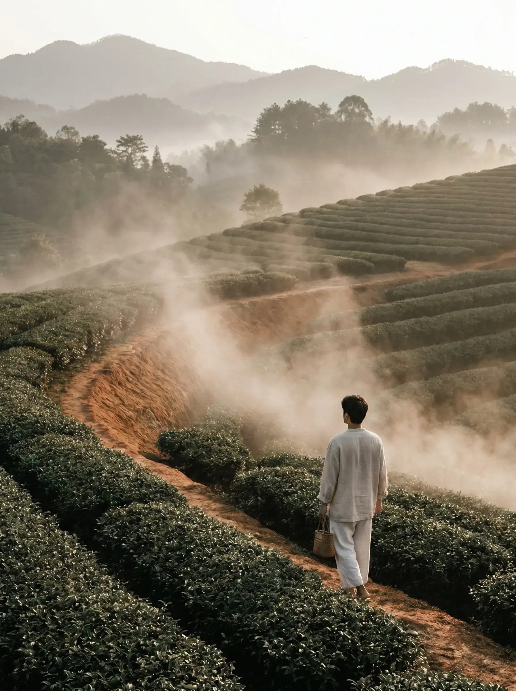Homme en tenue lin blanc de dos marchant dans plantation de thé en terrasses brumeuses, montagnes bleues à l'horizon