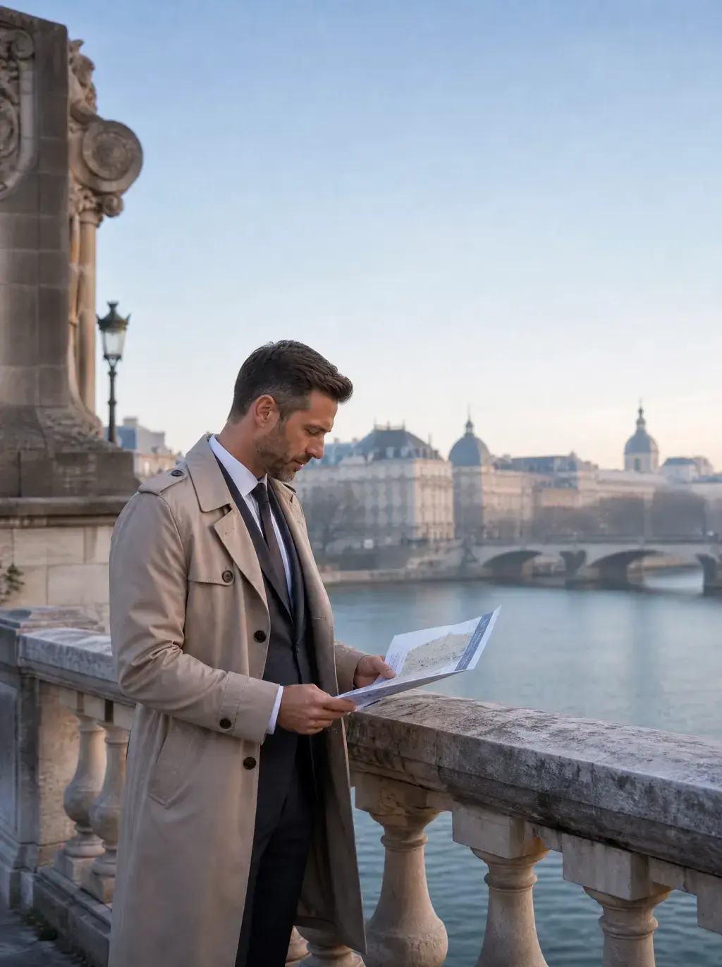 Homme en trench beige consultant une brochure Palais Heritage sur un pont parisien avec vue sur la Seine