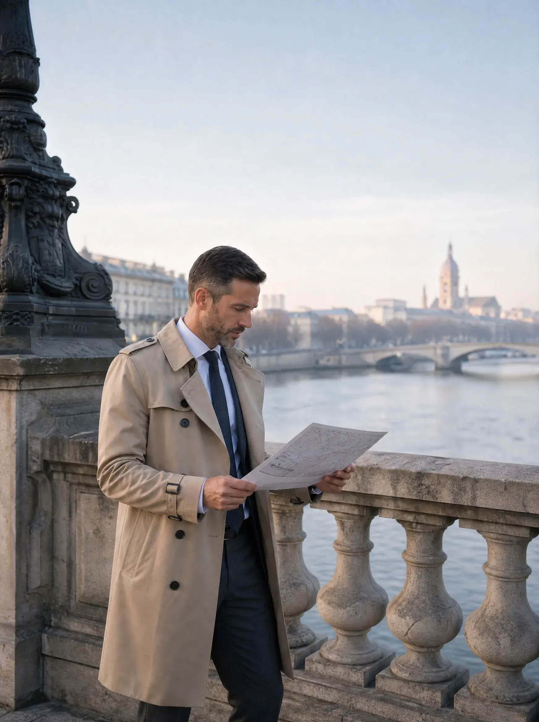 Homme en trench beige lisant un document sur un pont parisien avec vue sur la Seine et un monument