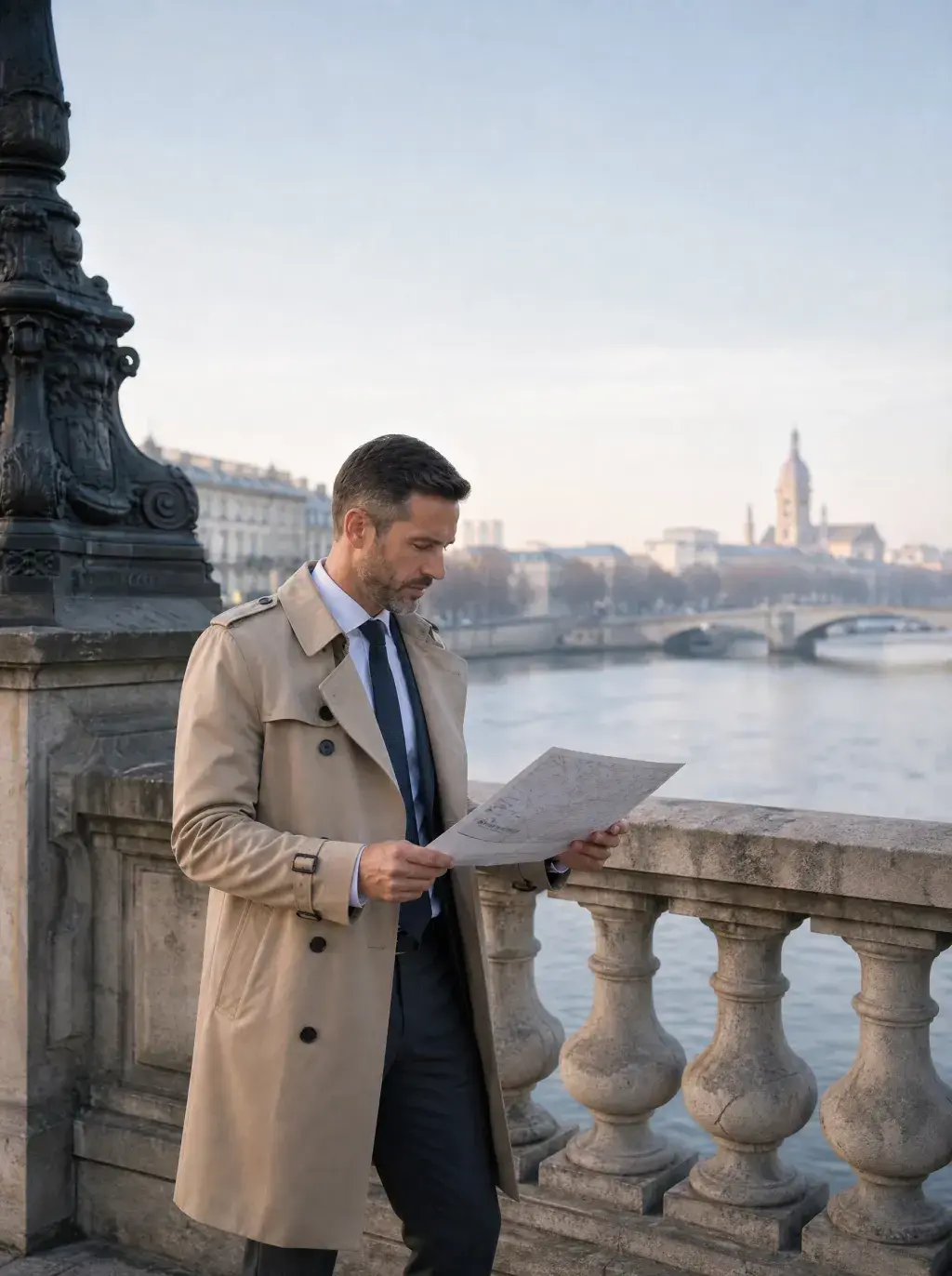 Homme en trench beige lisant un document sur un pont parisien avec vue sur la Seine et un monument
