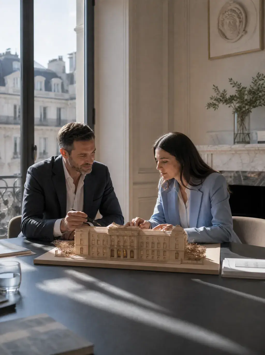 Homme et femme examinant une maquette architecturale haussmannienne en bois dans un bureau avec vue sur Paris