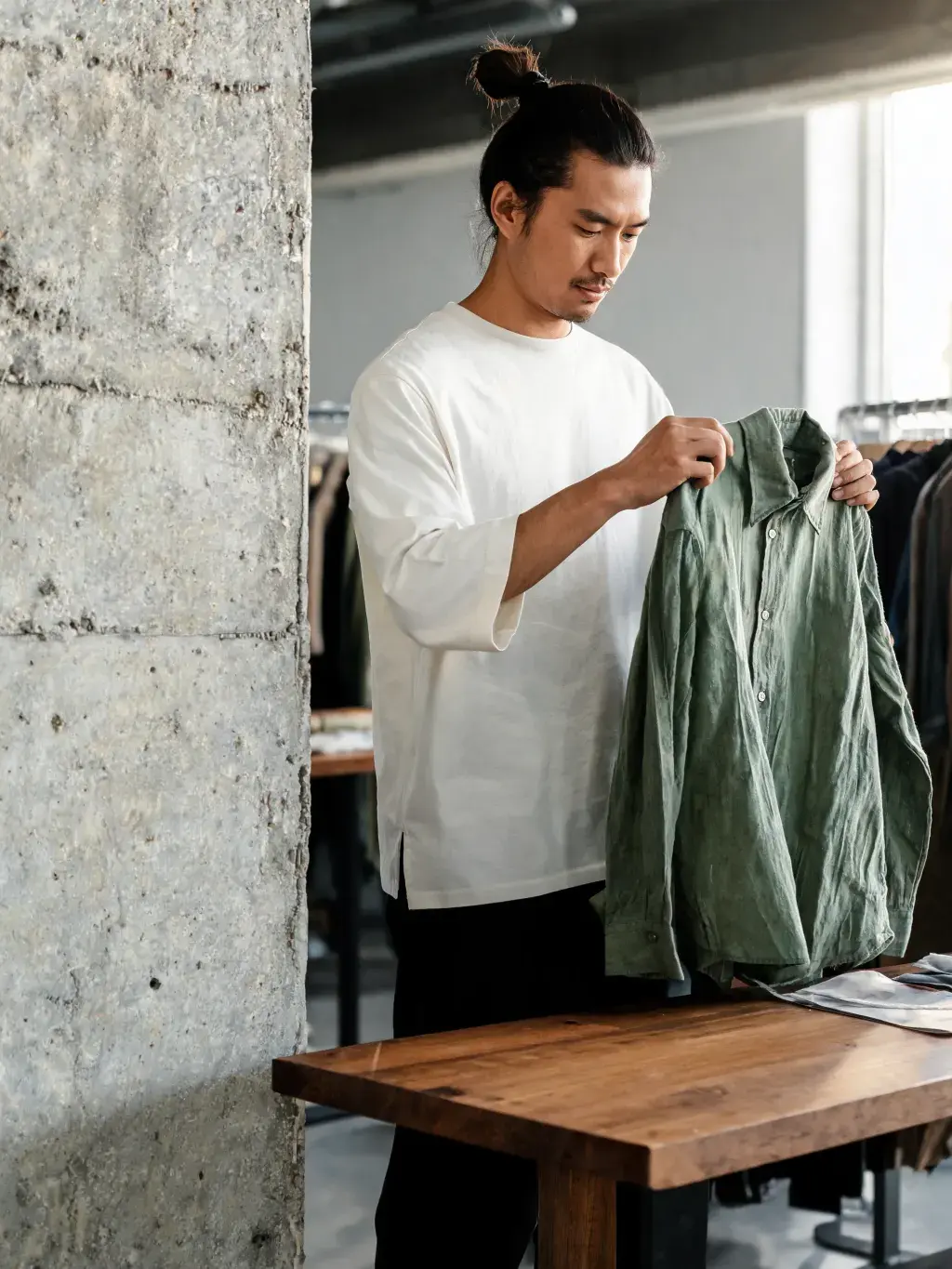 Homme examinant veste verte en boutique