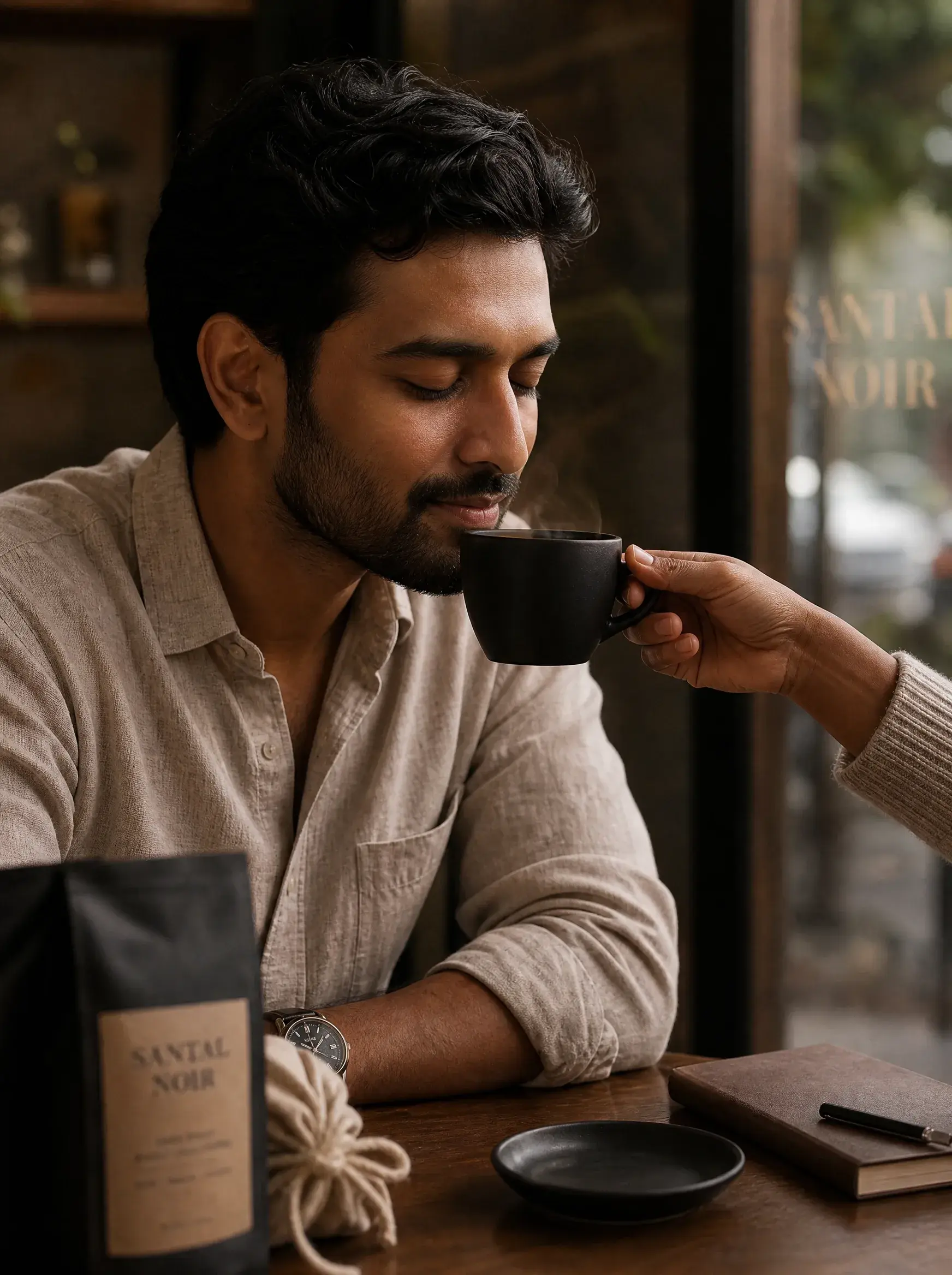 Homme humant espresso tendu par main féminine – boutique café, sachet artisanal, carnet