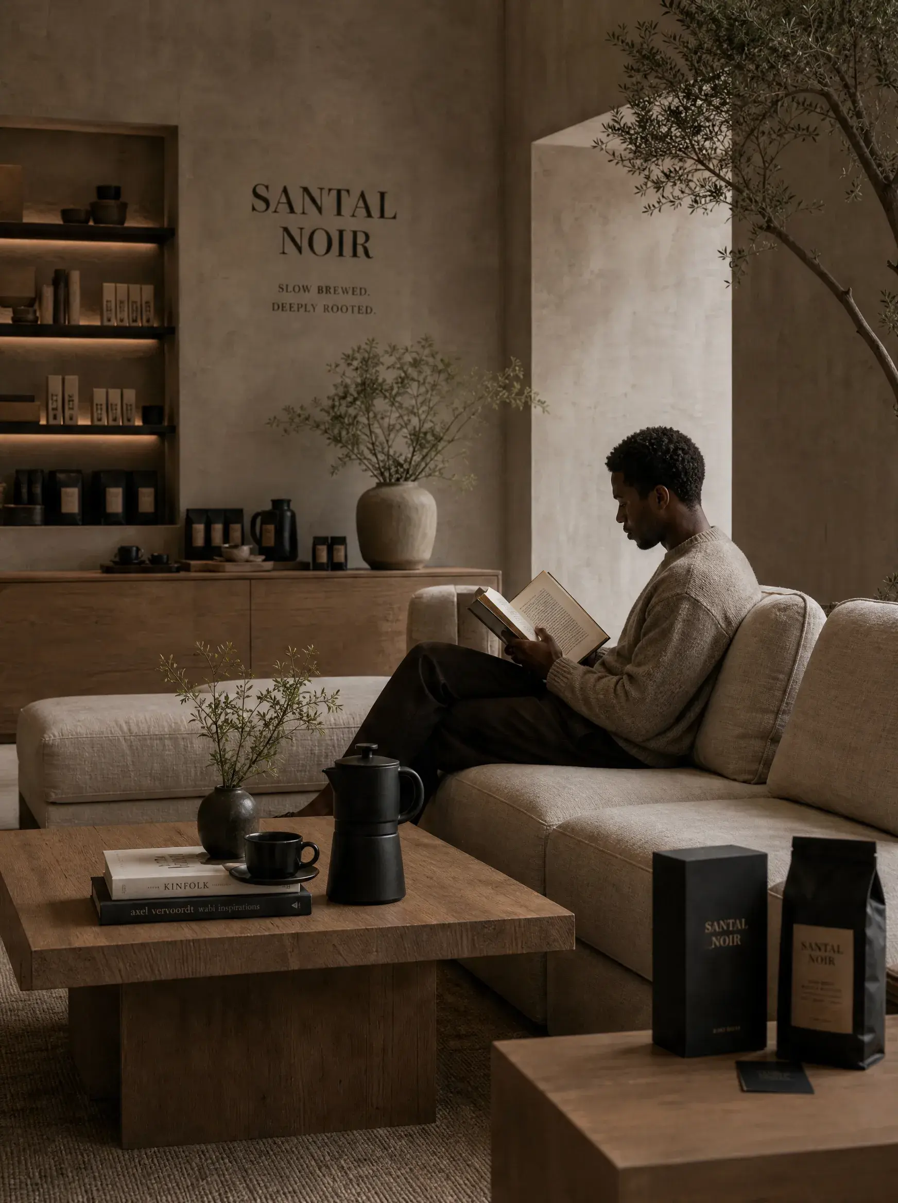 Homme lisant dans boutique café artisanal – canapé beige, cafetière moka, étagère produits, plante