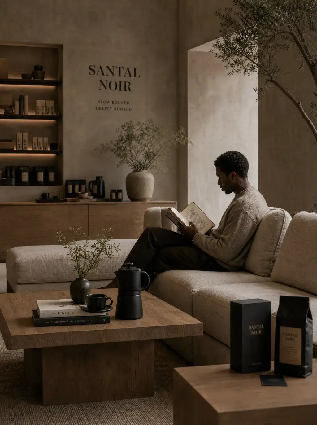 Homme lisant dans boutique café artisanal – canapé beige, cafetière moka, étagère produits, plante