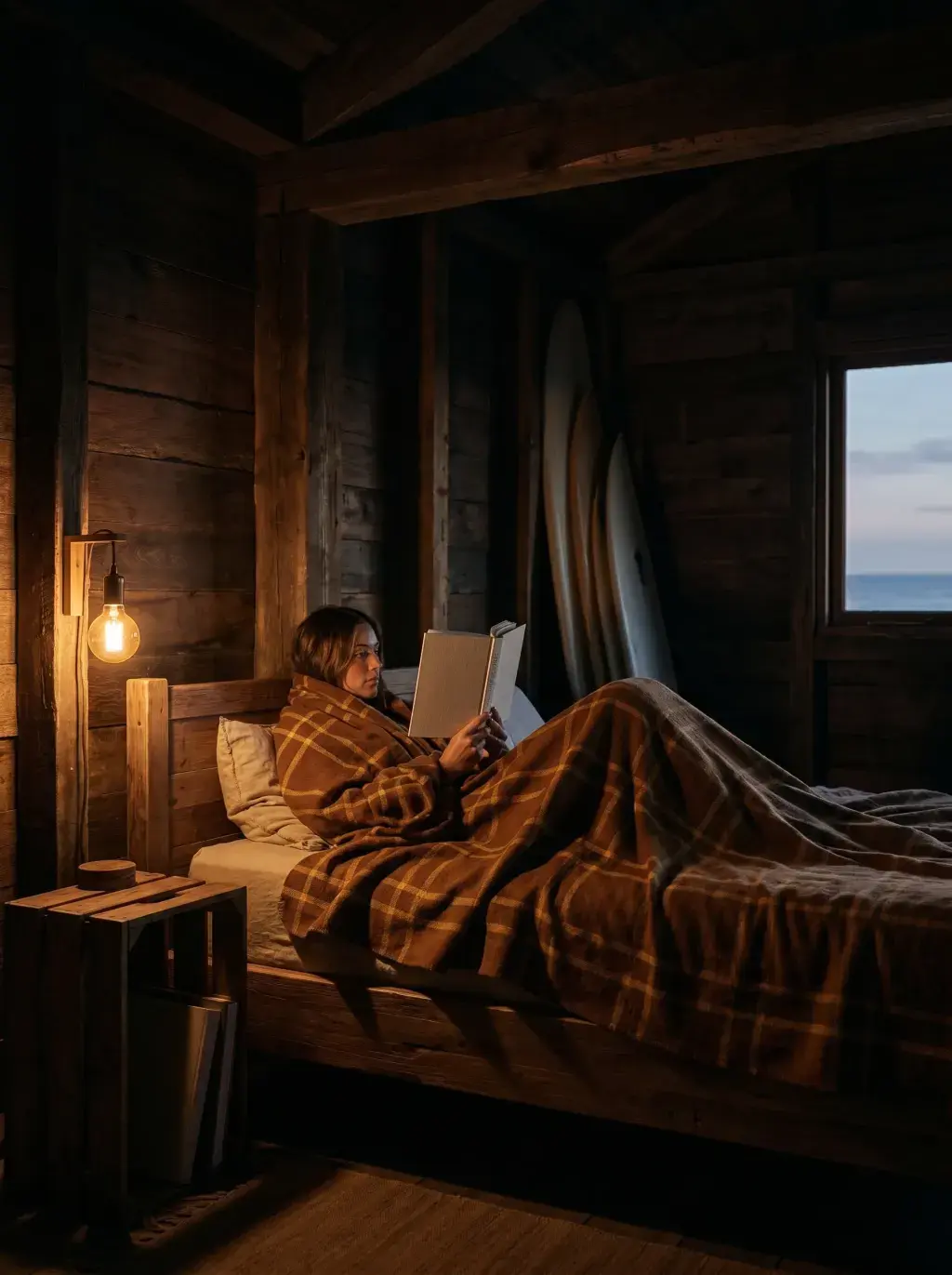 Homme lisant sous une couverture dans une chambre de cabane en bois avec planche de surf