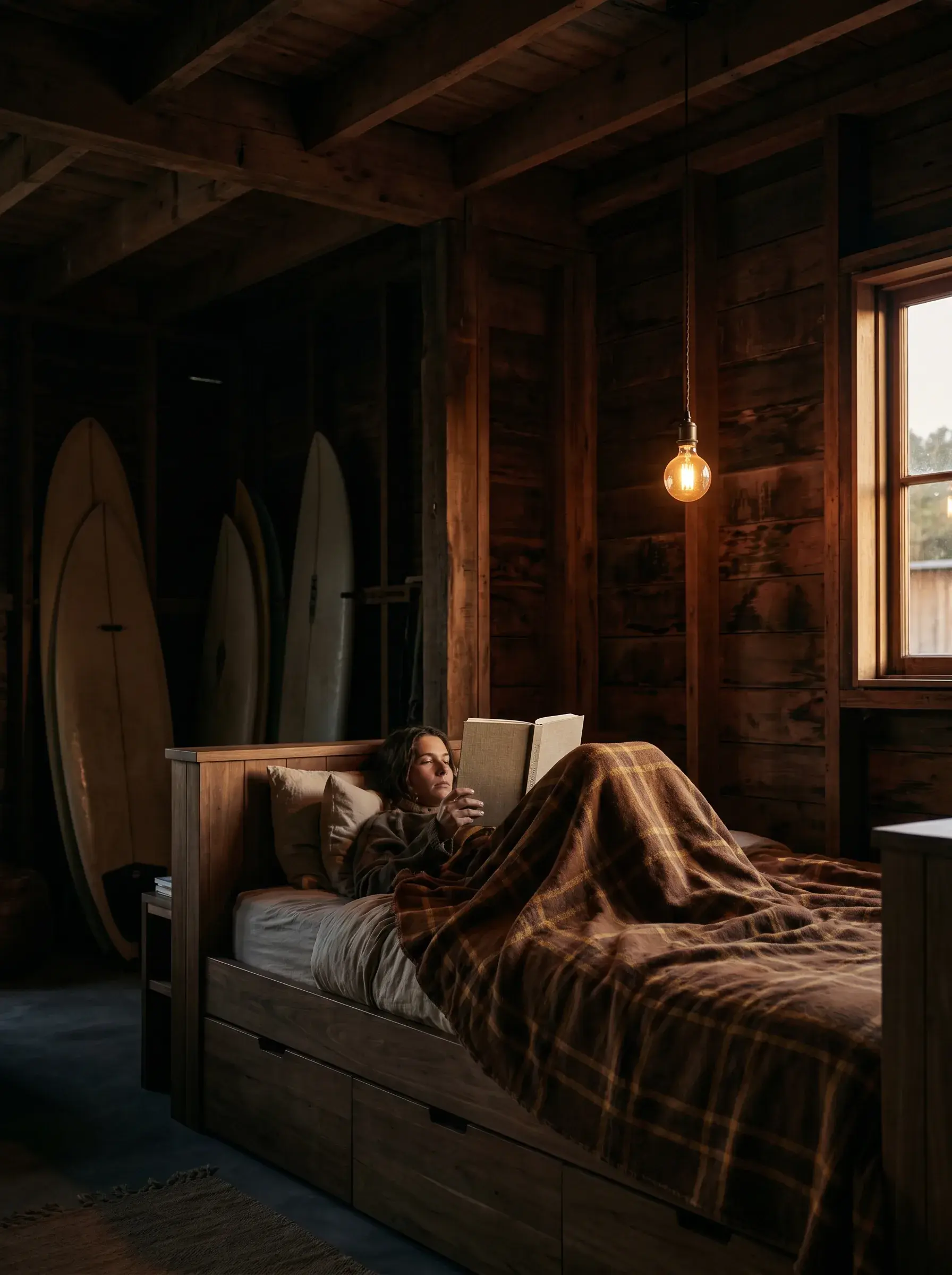 Homme lisant sur un lit dans une cabane en bois rustique avec planches de surf au mur