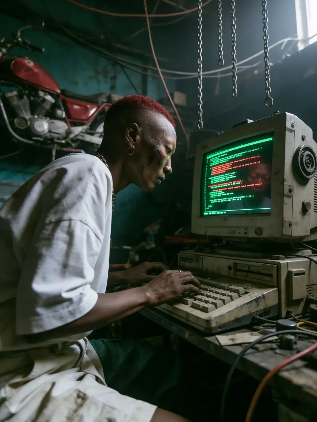 Homme penché sur un ordinateur CRT affichant du code vert dans l'atelier moto