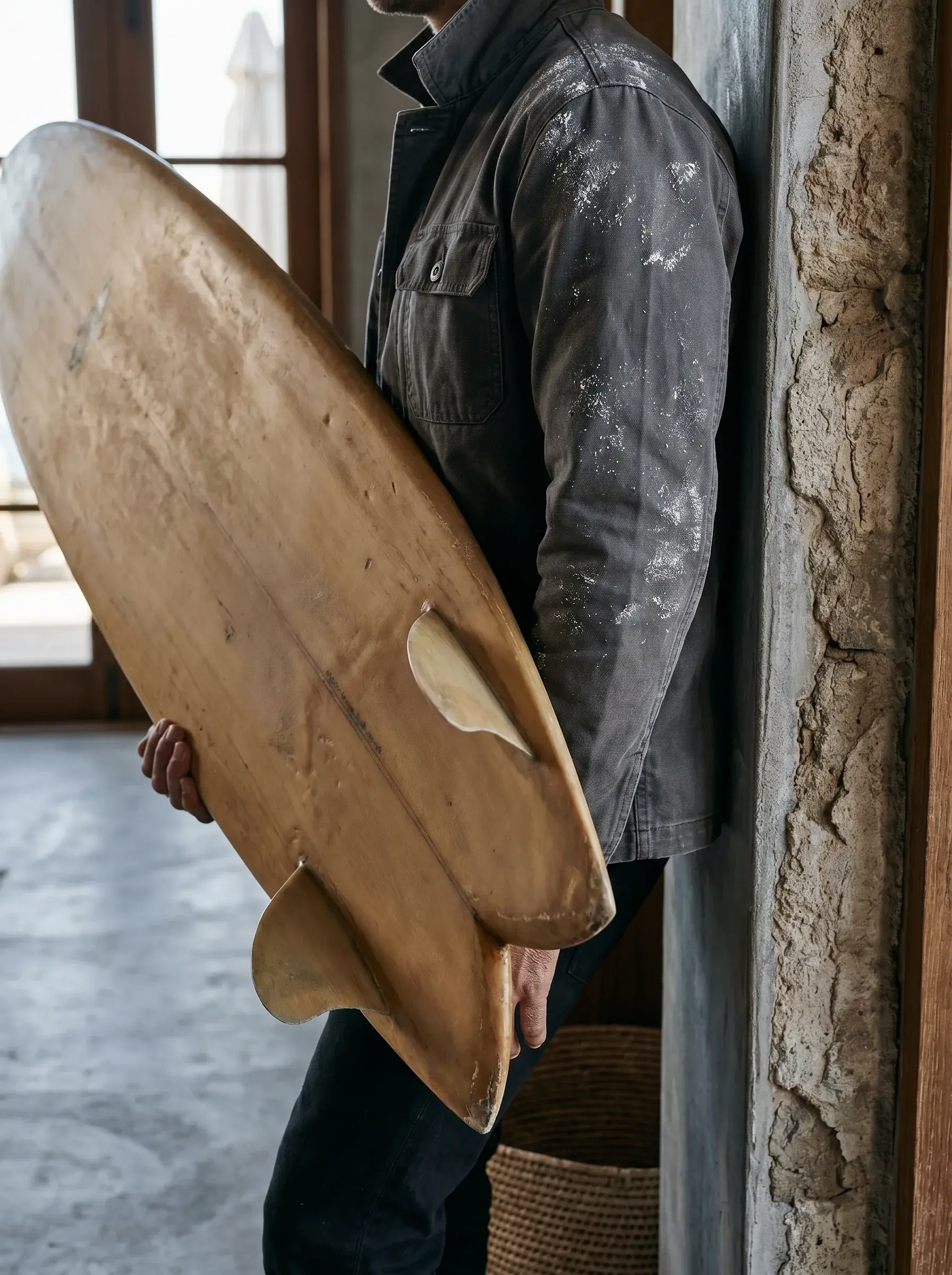 Homme portant une planche de surf en bois sous le bras vers une sortie