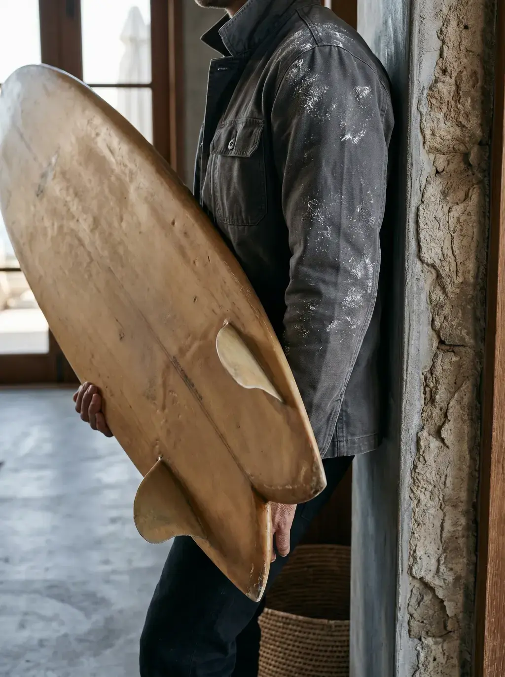 Homme portant une planche de surf en bois sous le bras vers une sortie