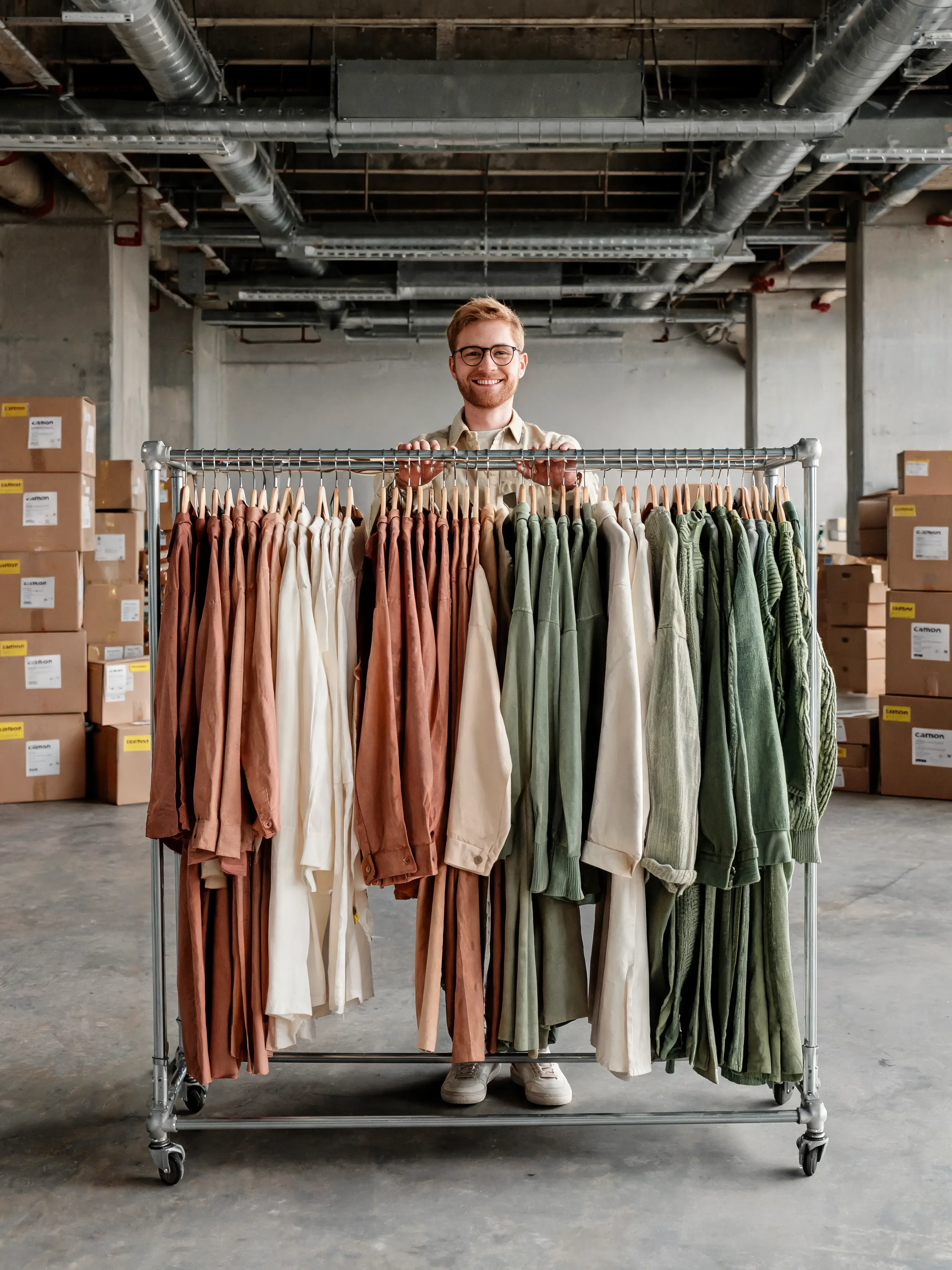 Homme souriant derrière portant roulant collection mode – terracotta beige crème vert, entrepôt