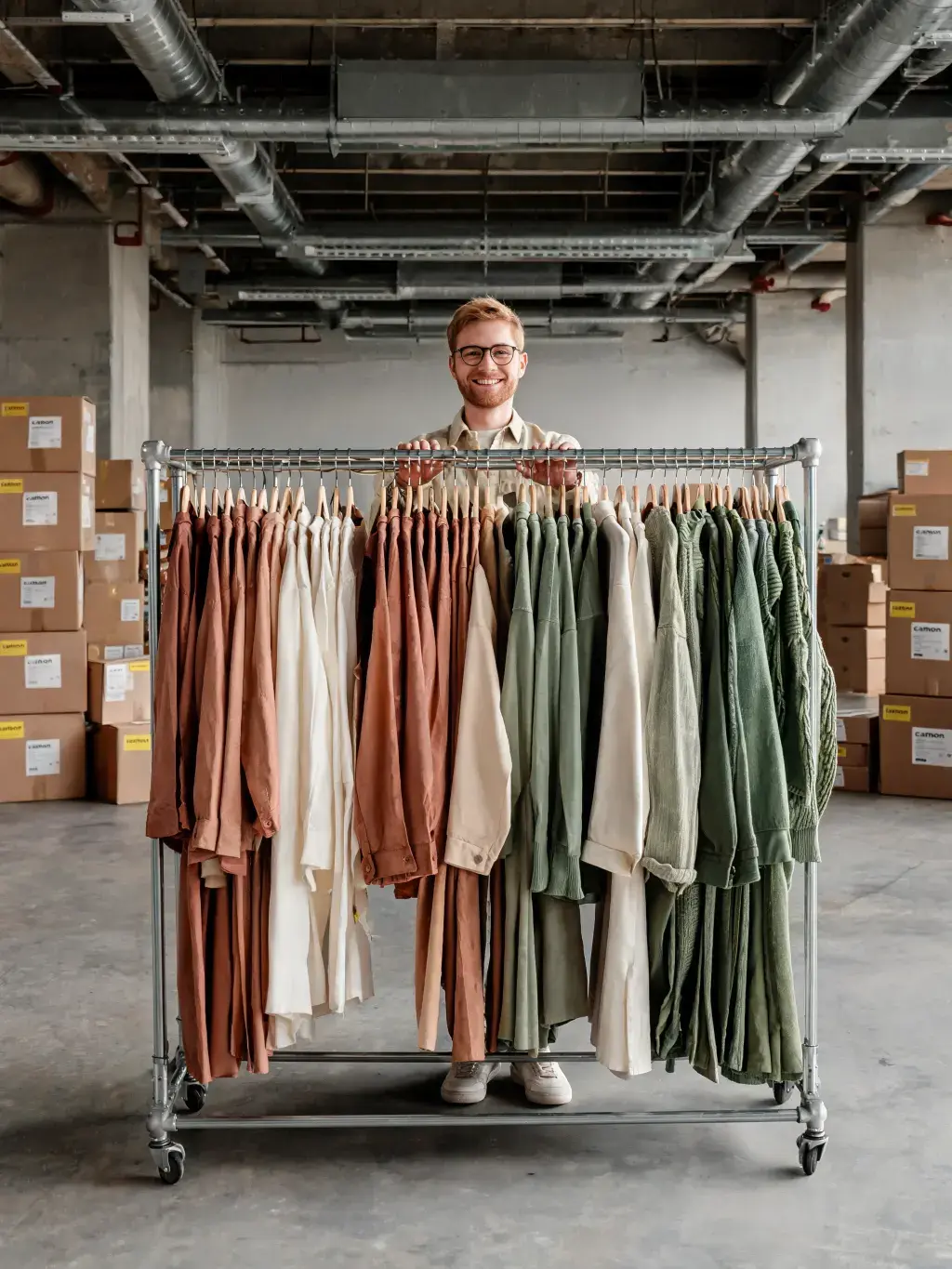 Homme souriant derrière portant roulant collection mode – terracotta beige crème vert, entrepôt
