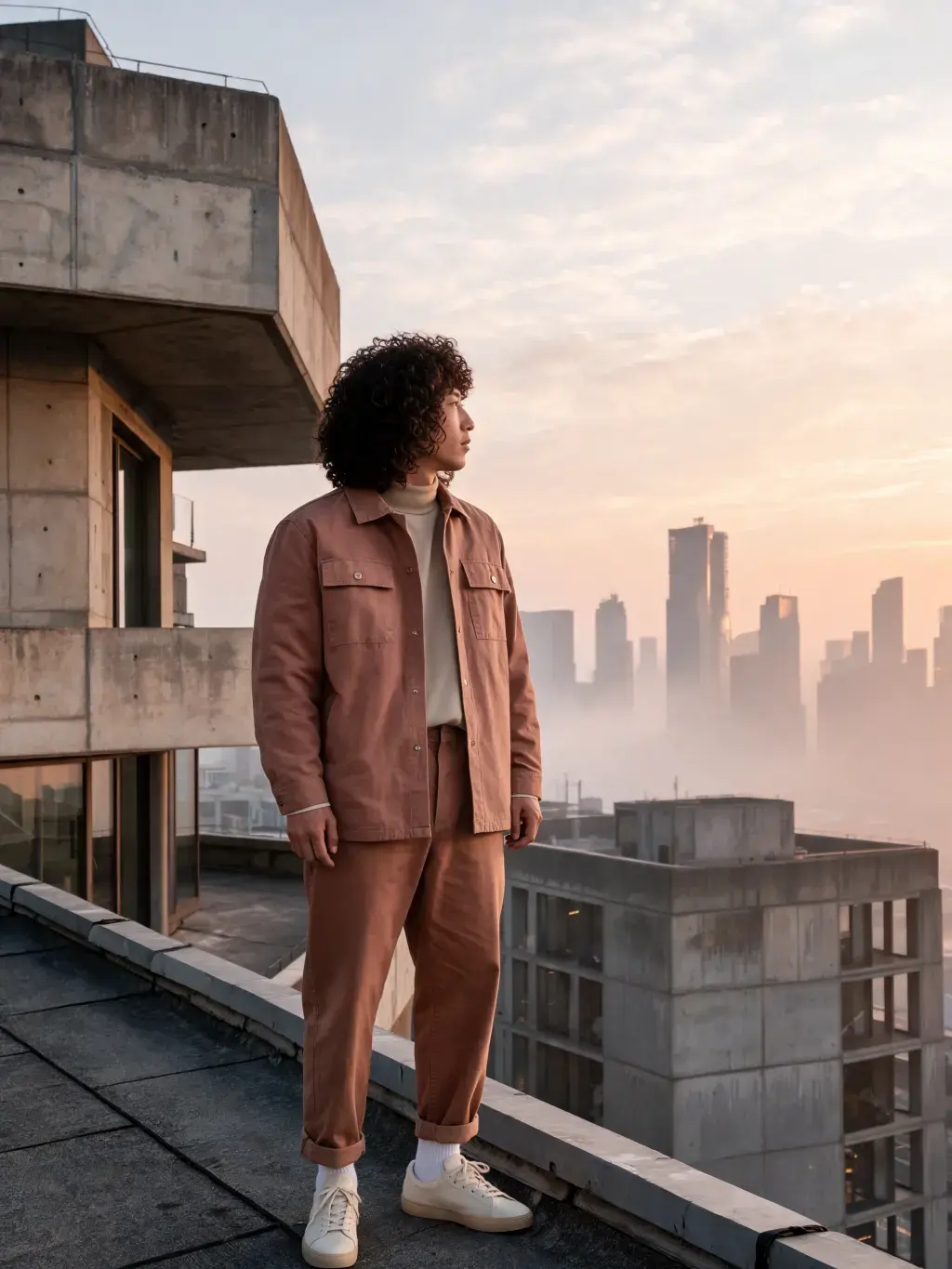 Homme tenue terracotta sur toit-terrasse brutaliste – vue panoramique ville, brume, lever du soleil