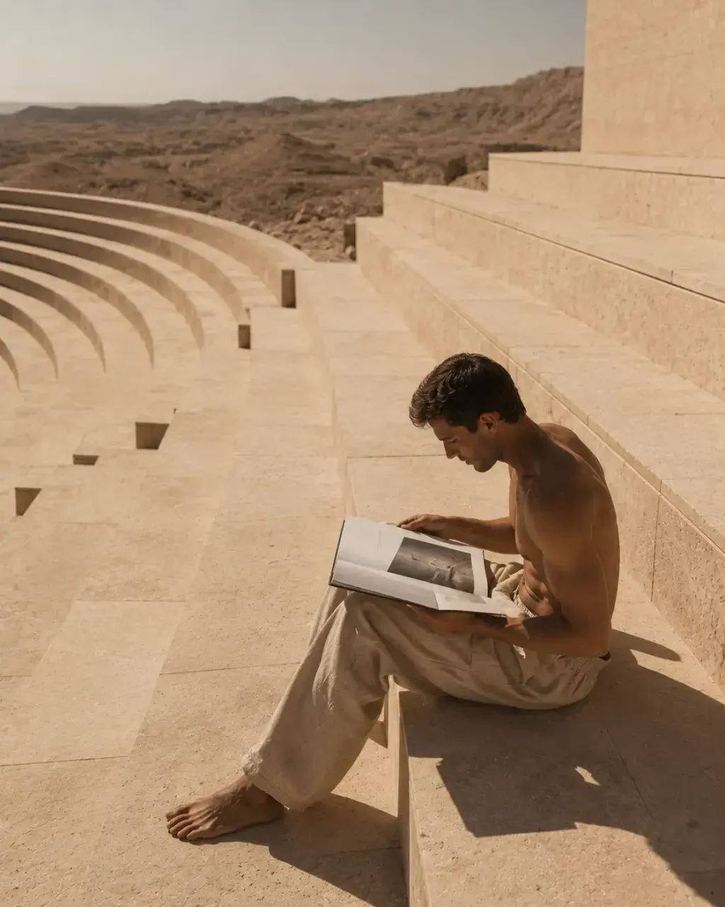 Homme torse nu lisant sur les marches d'un amphithéâtre – pierre calcaire, désert, lumière chaude