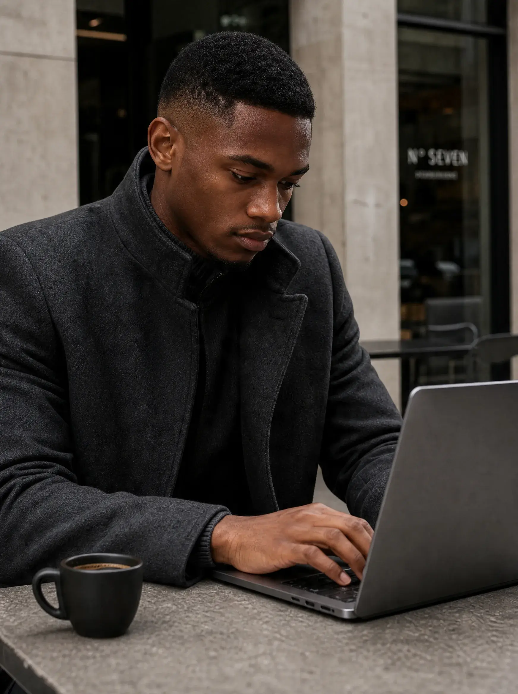Homme travaillant sur laptop – table café extérieure, mug noir, manteau gris, façade urbaine