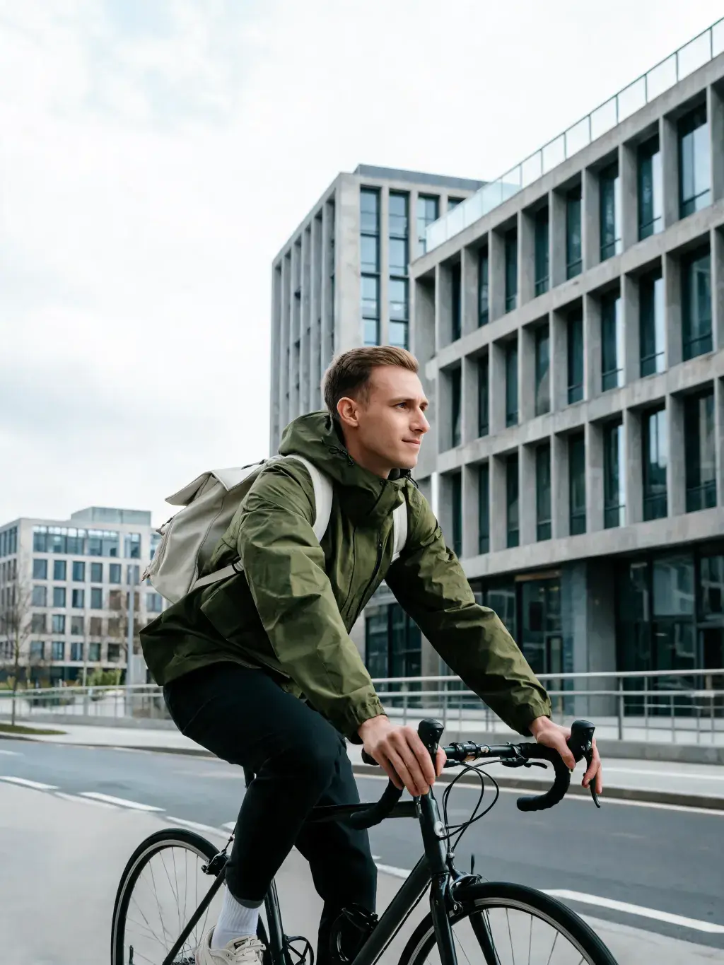 Homme veste kaki à vélo en ville – quartier moderne bâtiments contemporains, ciel nuageux