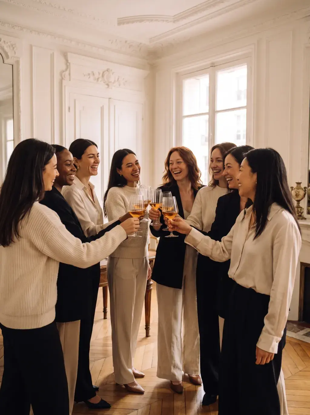 Huit femmes professionnelles diverses portant un toast dans un appartement parisien