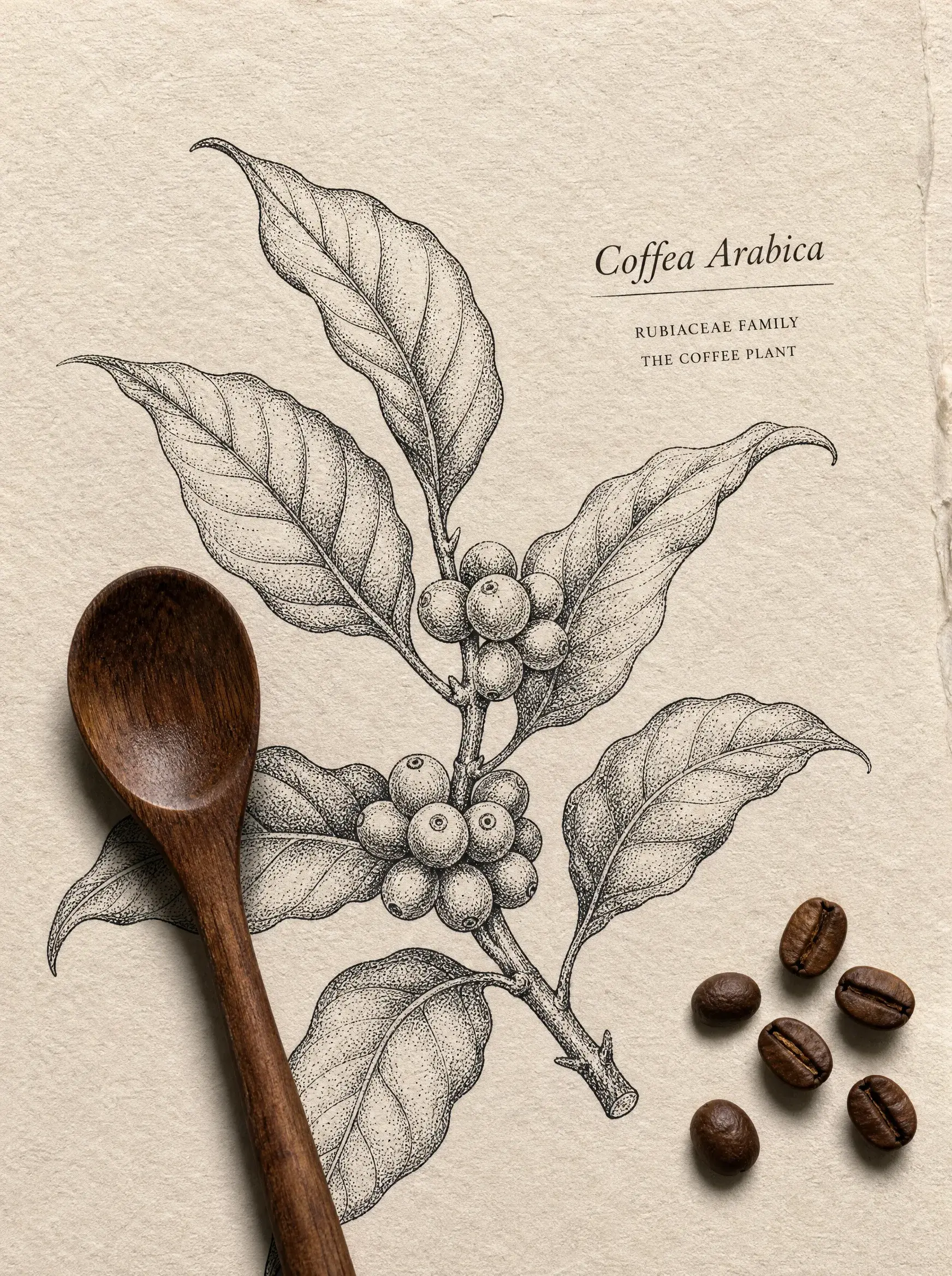 Illustration botanique caféier arabica sur papier artisanal – cuillère bois, grains café, vue de dessus