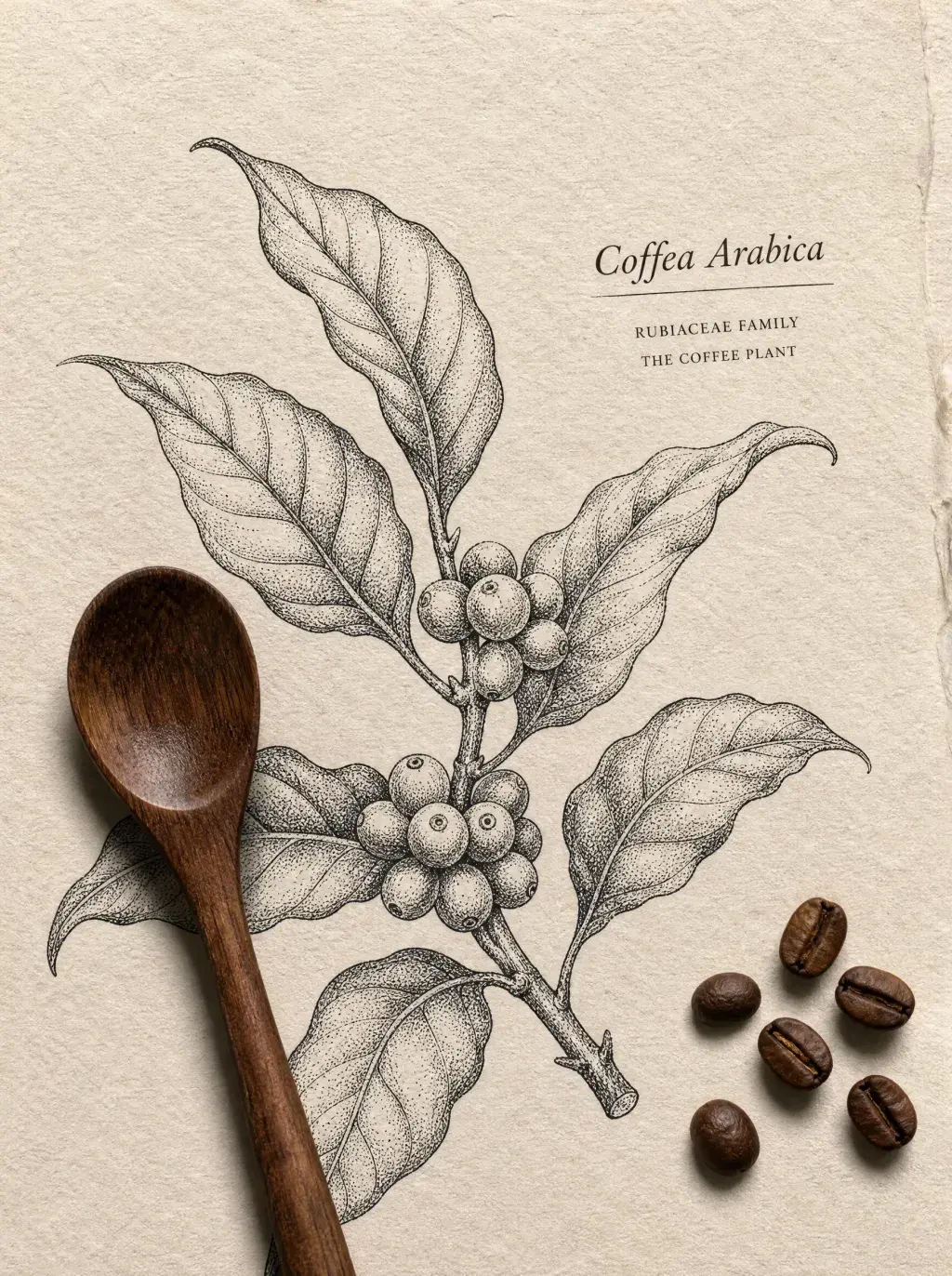Illustration botanique caféier arabica sur papier artisanal – cuillère bois, grains café, vue de dessus