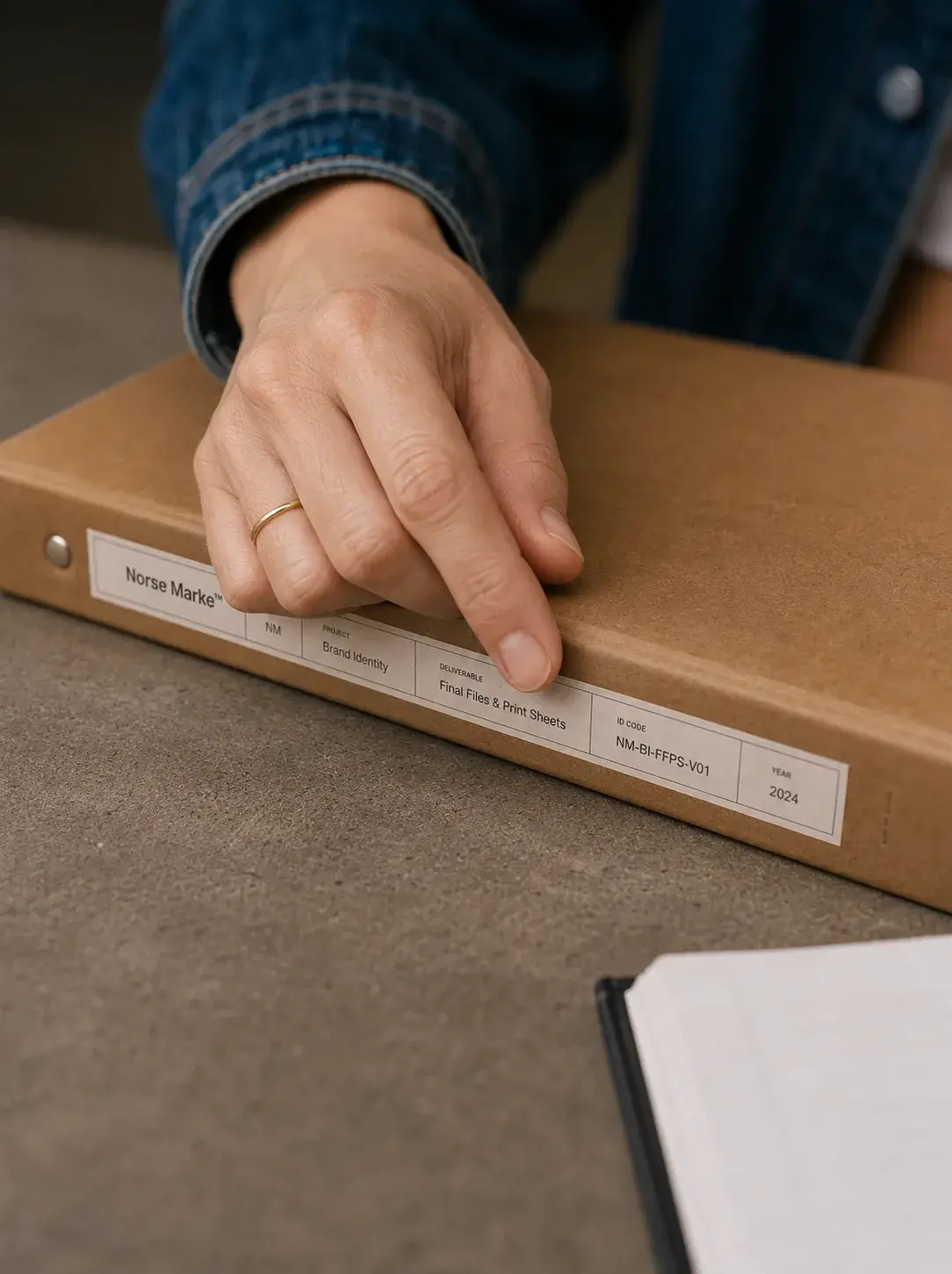 Indexation dossier kraft – main, étiquette, classeur, surface béton