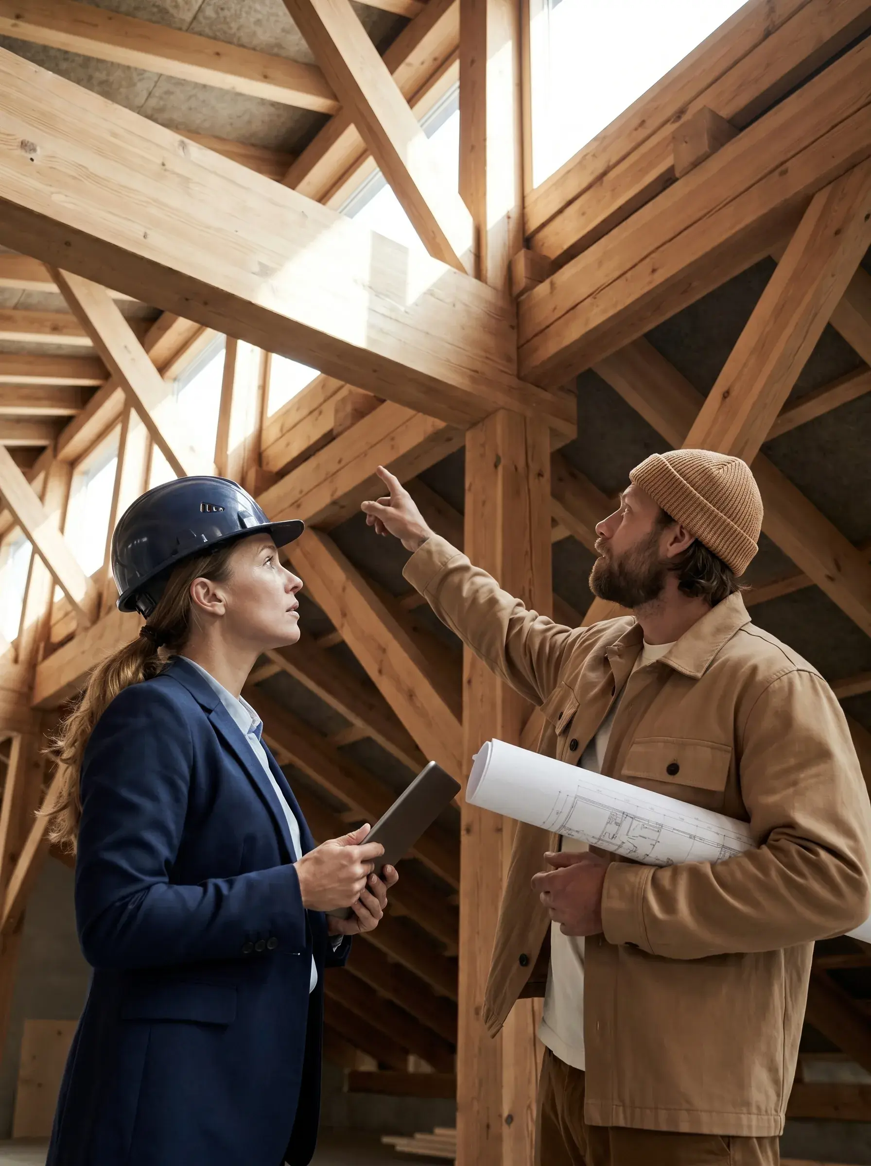 Ingénieure casquée et artisan étudiant la charpente en bois d'un chantier