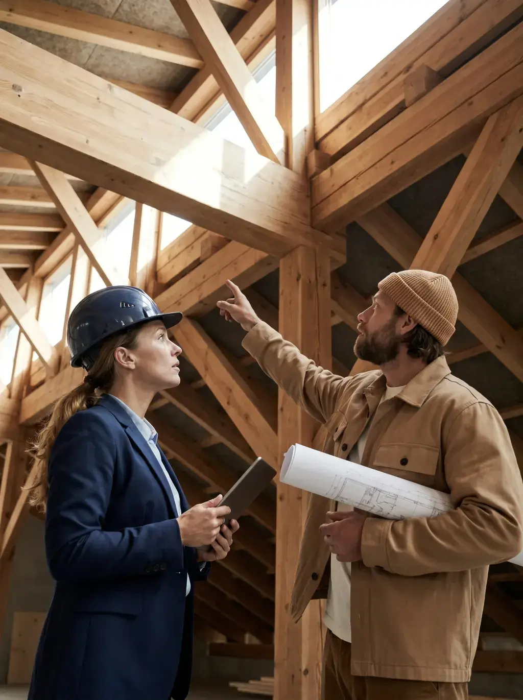Ingénieure casquée et artisan étudiant la charpente en bois d'un chantier
