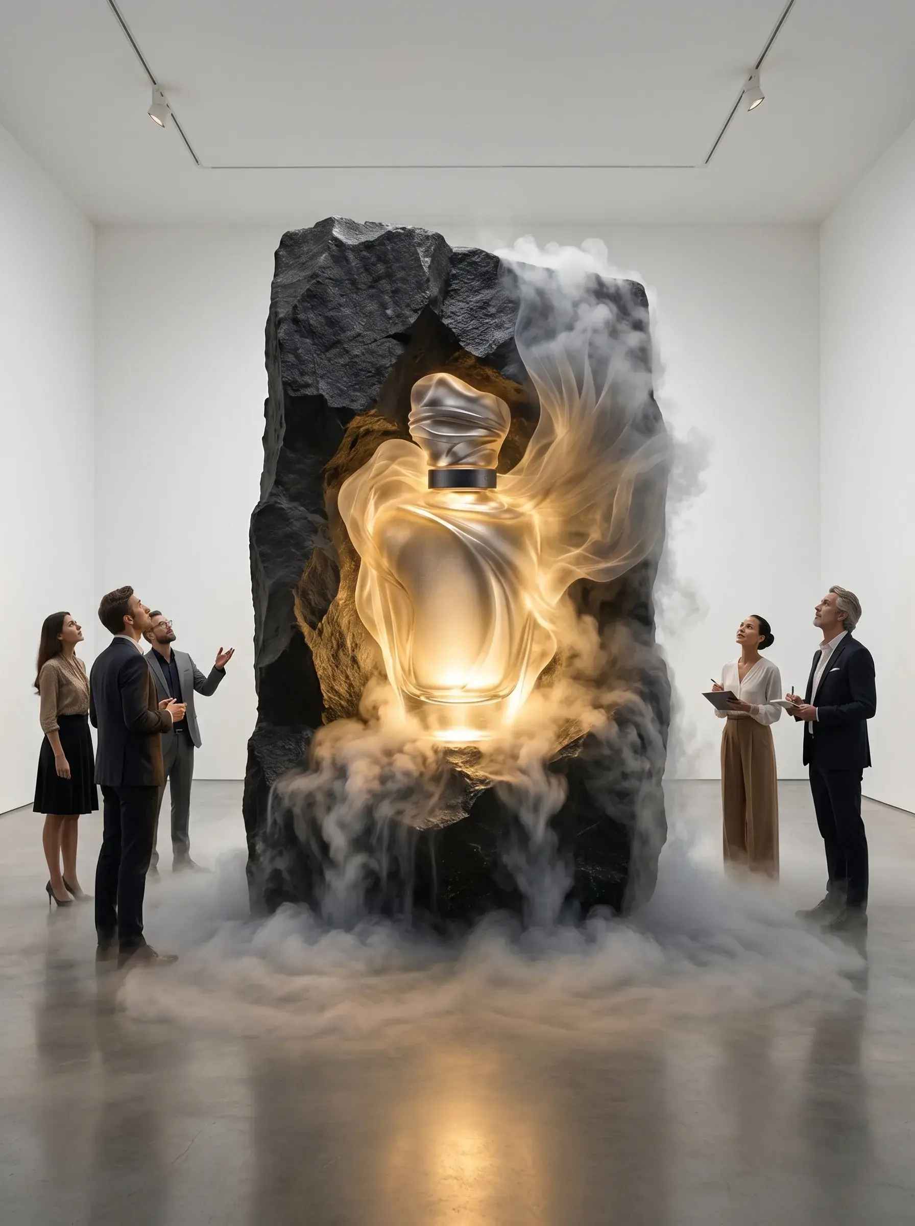 Installation artistique flacon de parfum géant dans roche noire – galerie d'art, visiteurs, fumée