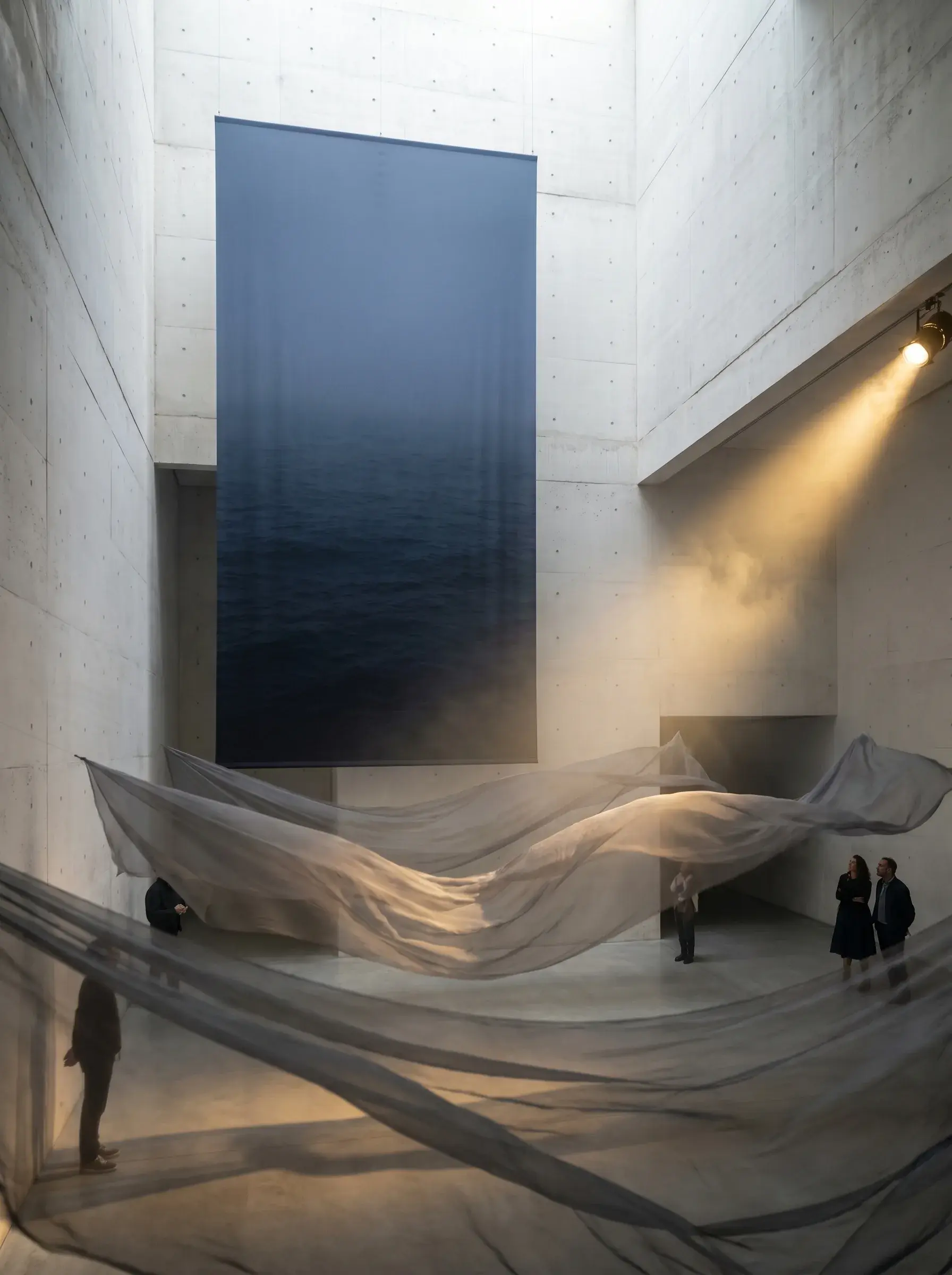 Installation artistique galerie béton – toile de mer accrochée, voile ondulant, visiteurs, rayon de lumière