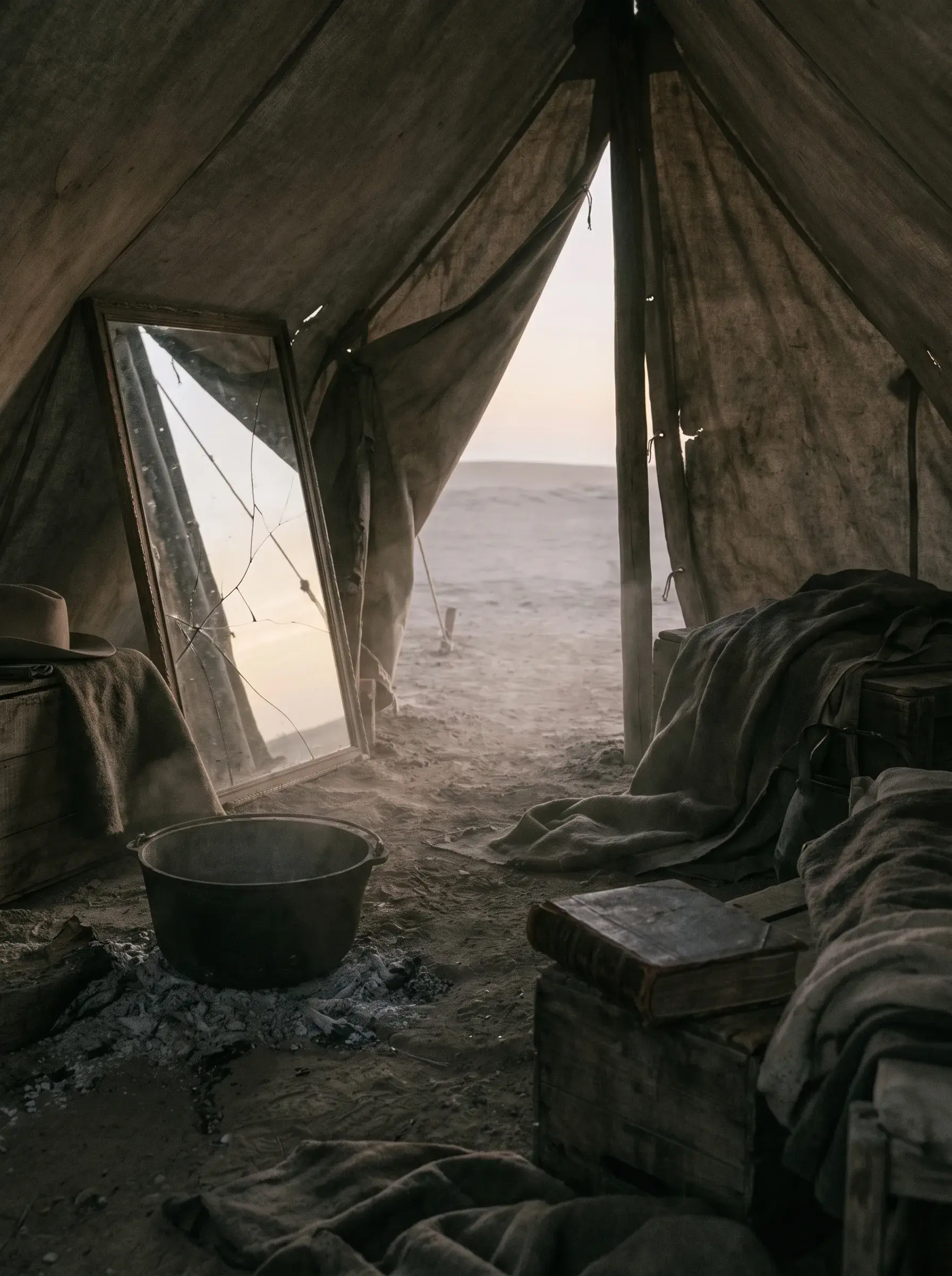 Intérieur d'une tente de campagne usée avec casserole sur braises et vue sur désert au crépuscule