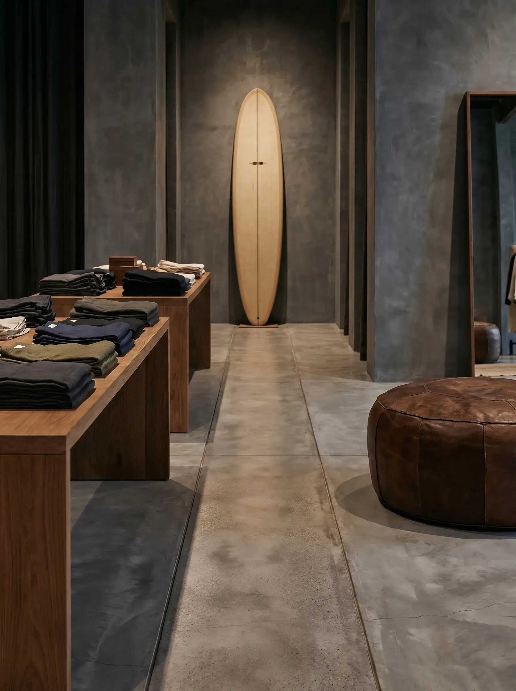 Intérieur de boutique de surf avec planche contre le mur, tables en bois et pouf en cuir
