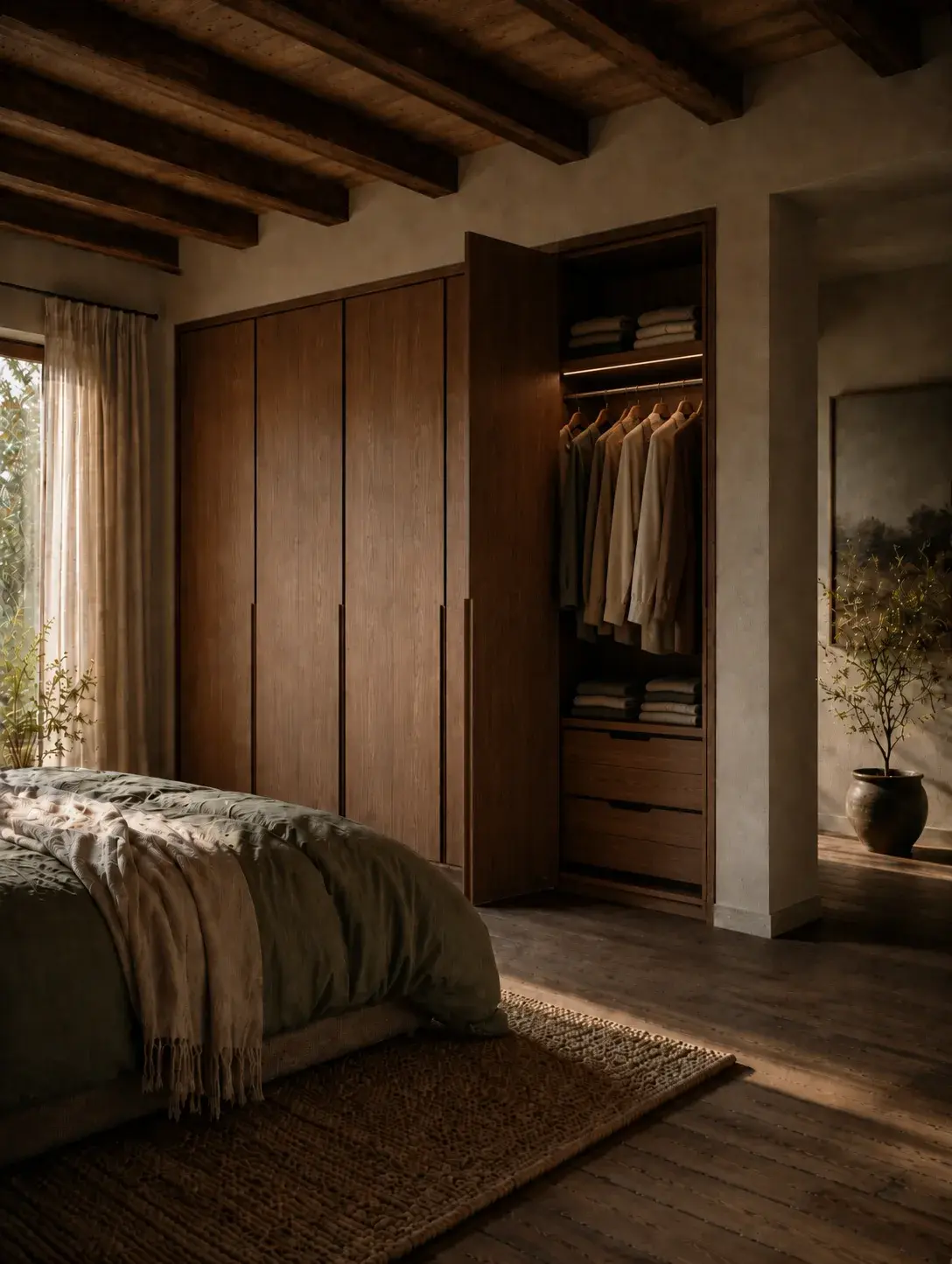 Intérieur de dressing en bois avec porte ouverte sur rangement vêtements