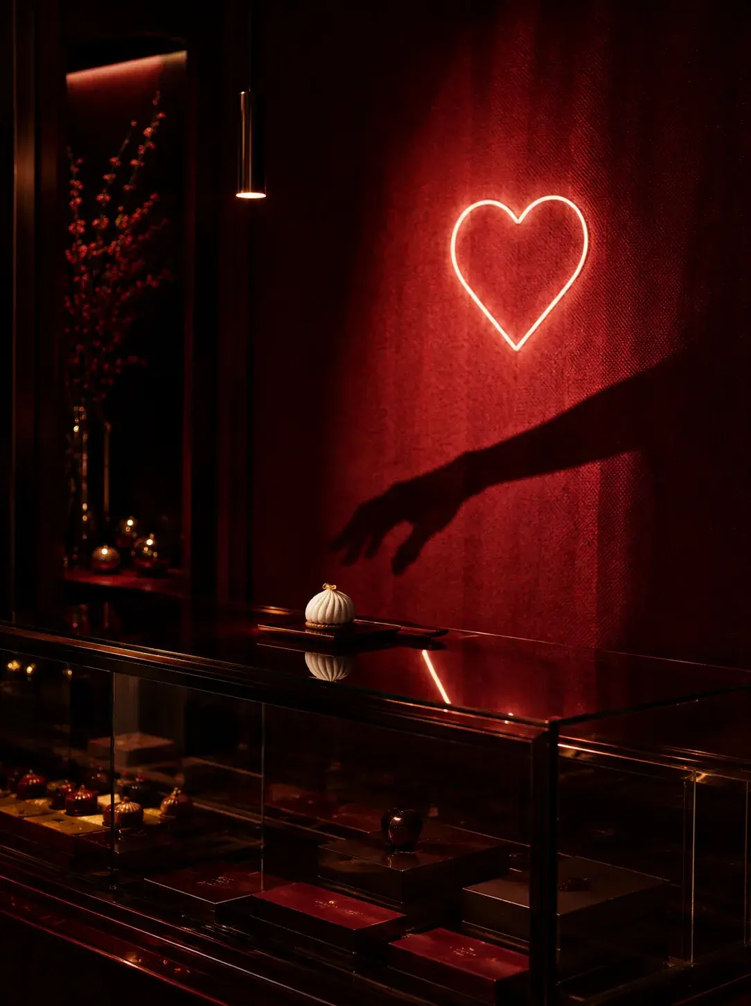 Intérieur de pâtisserie la nuit avec néon cœur rouge-rose au mur, silhouette de main tendue vers pâtisserie blanche sur comptoir